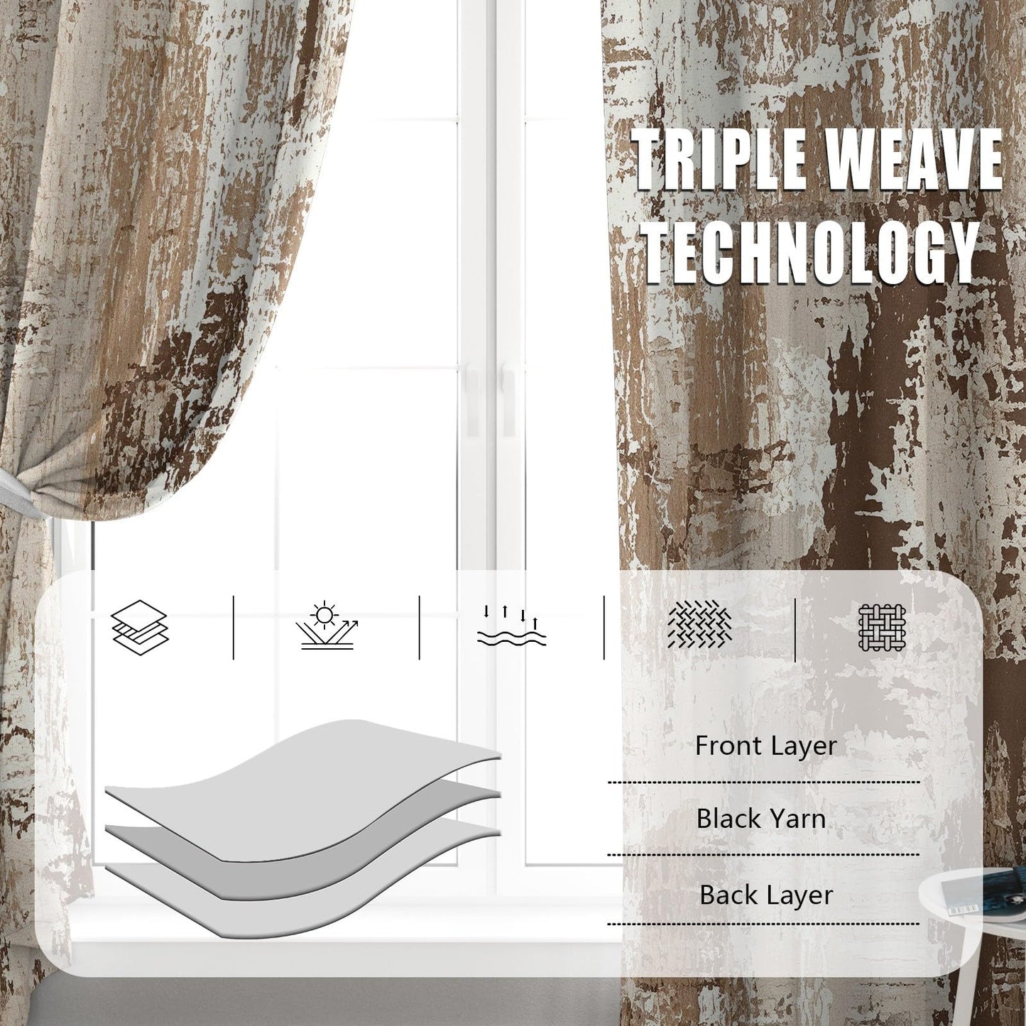 Rufxnn Abstract Curtains, Modern Distressed Curtain Blackout, Contemporary Neutral Curtains 63 Inch Length, Minimalist Brown Drapes for Living Room Bedroom, Grommet Room Darkening Curtain 2 Panel Set