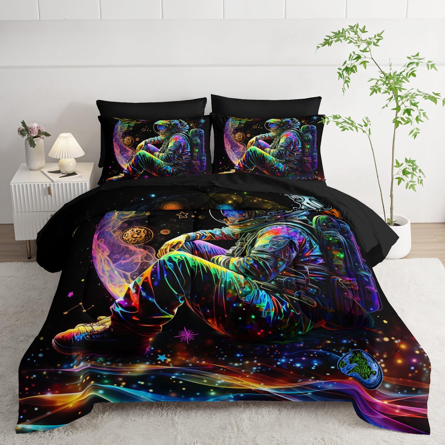 AILONEN Astronaut Space Comforter Set Twin - 7Pcs Soft Bed in a Bag - Rocket Planet Spacemen Comforter,Fitted Sheet,Flat Sheet,2 Pillowcases,2 Pillow Shams for Room Decor
