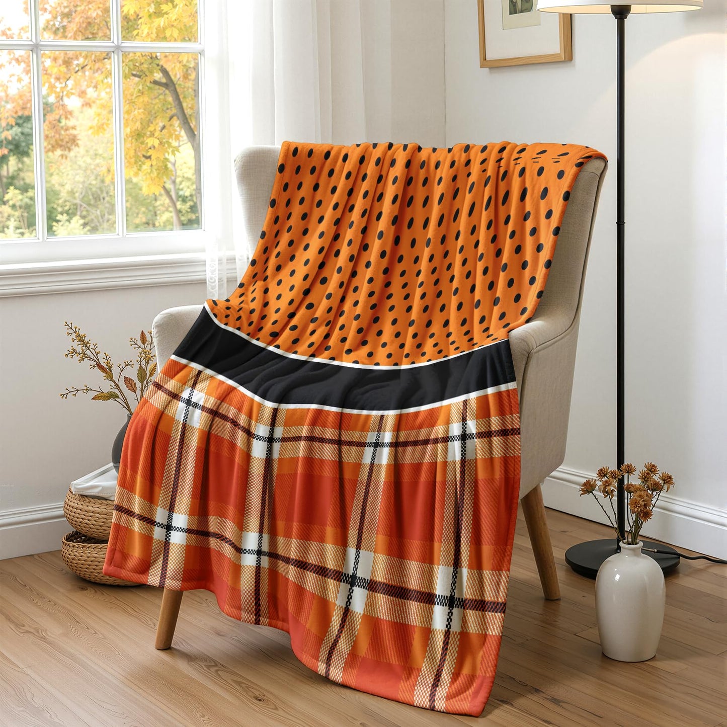 GEDAEUBA Halloween Blanket Soft - Orange Buffalo Check Polka Dot Fleece Blanket Throw, Soft Cozy Blankets & Throws for Couch, Bed, and Sofa, 50x60 inches