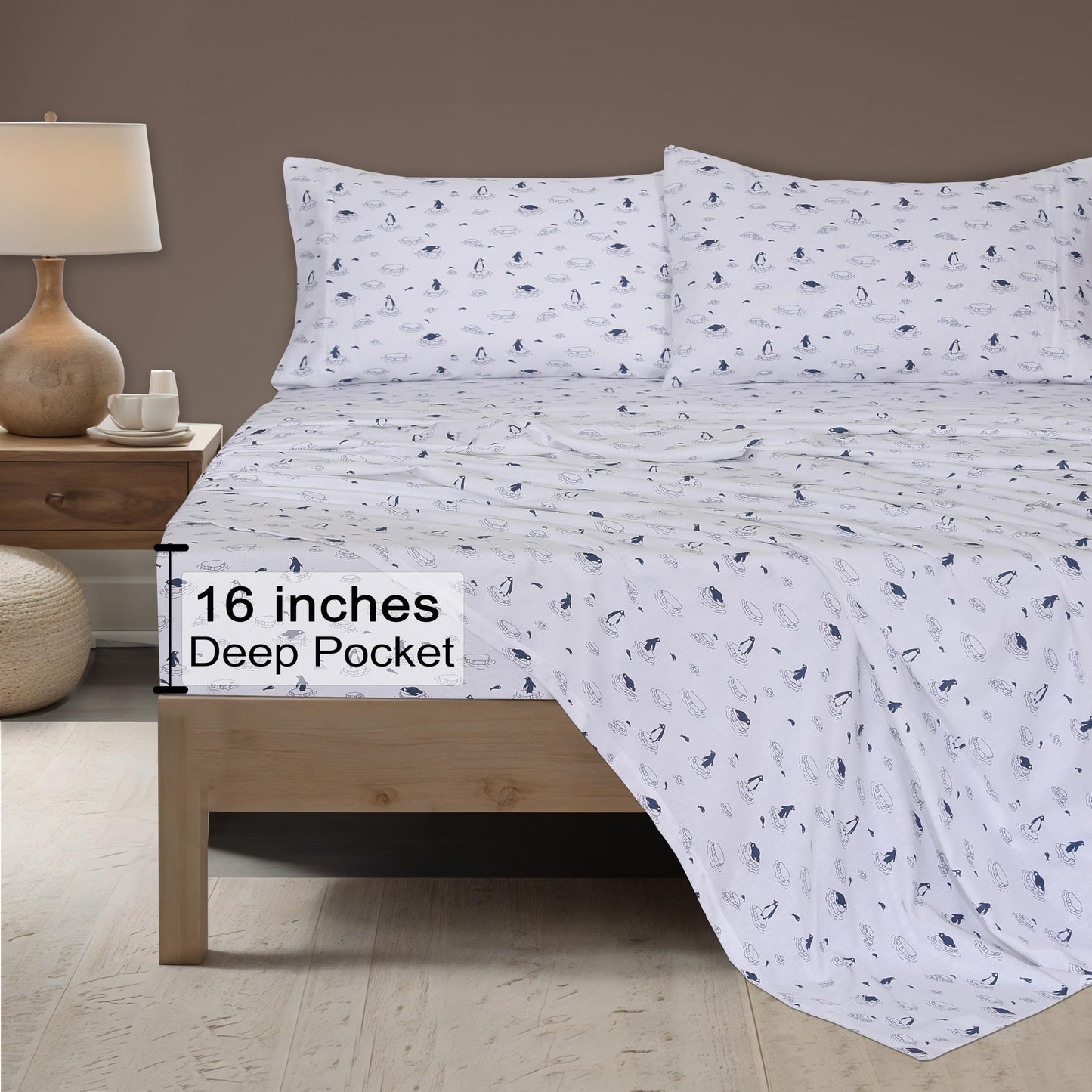 ZOYER Flannel Sheets King Size - 100% Cotton Double Brushed King Size Sheets Set - Deep Pockets 16 Inches Bed Sheets - All Seasons Breathable & Extra Soft - Warm & Cozy, 4 Piece, Peguin Edge