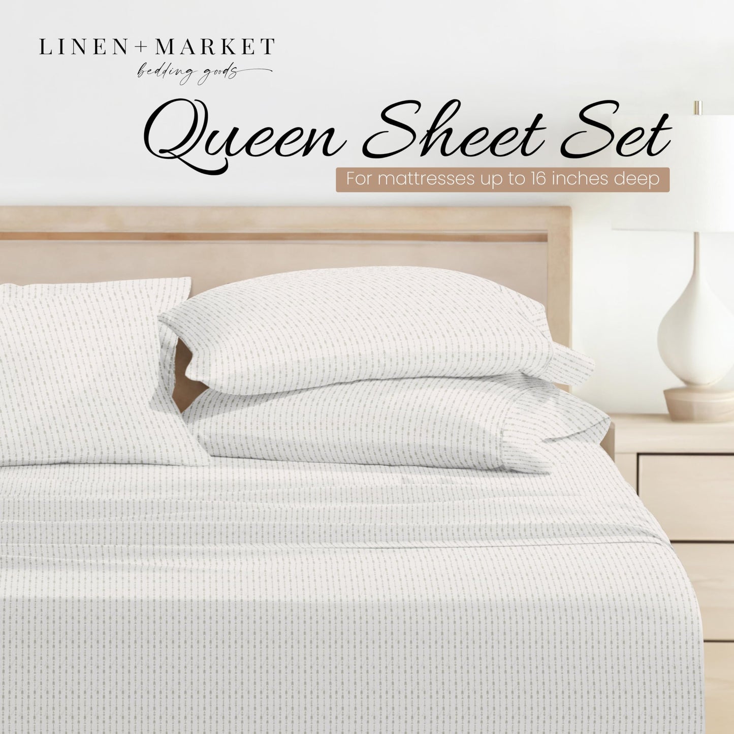 Linen Market Patterned Microfiber Queen Sheet Set 4 Piece – Oeko-TEX Certified Ultra Soft & Wrinkle-Free - 16" Deep Pocket Sheets - Easy Care Queen Size - Beaded Arrows Light Gray