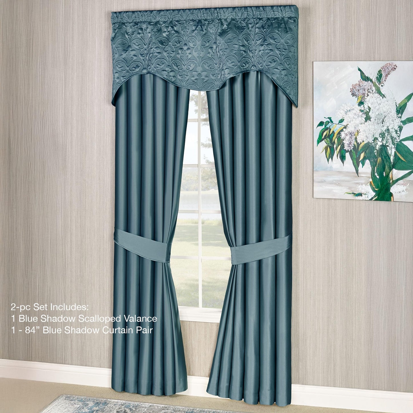 Cambridge Classic Luxury Window Treatment | Bold Blue Shadow Solid Color Polyester Satin | Elaborate Damask Quilted Scalloped Valance | Drapery Set Includes Scalloped Valance & 84L Lined Curtain Pair