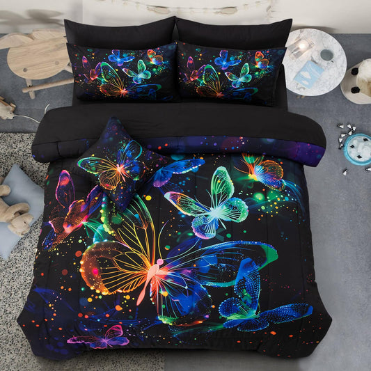 A Nice Night Galaxy Bedding Sets,3D Butterfly Flying in Space Printed,Like Glitter Butterflies 6pcs Bed in a Bag Twin Comforter Set, for Girls Boys Kids Teens