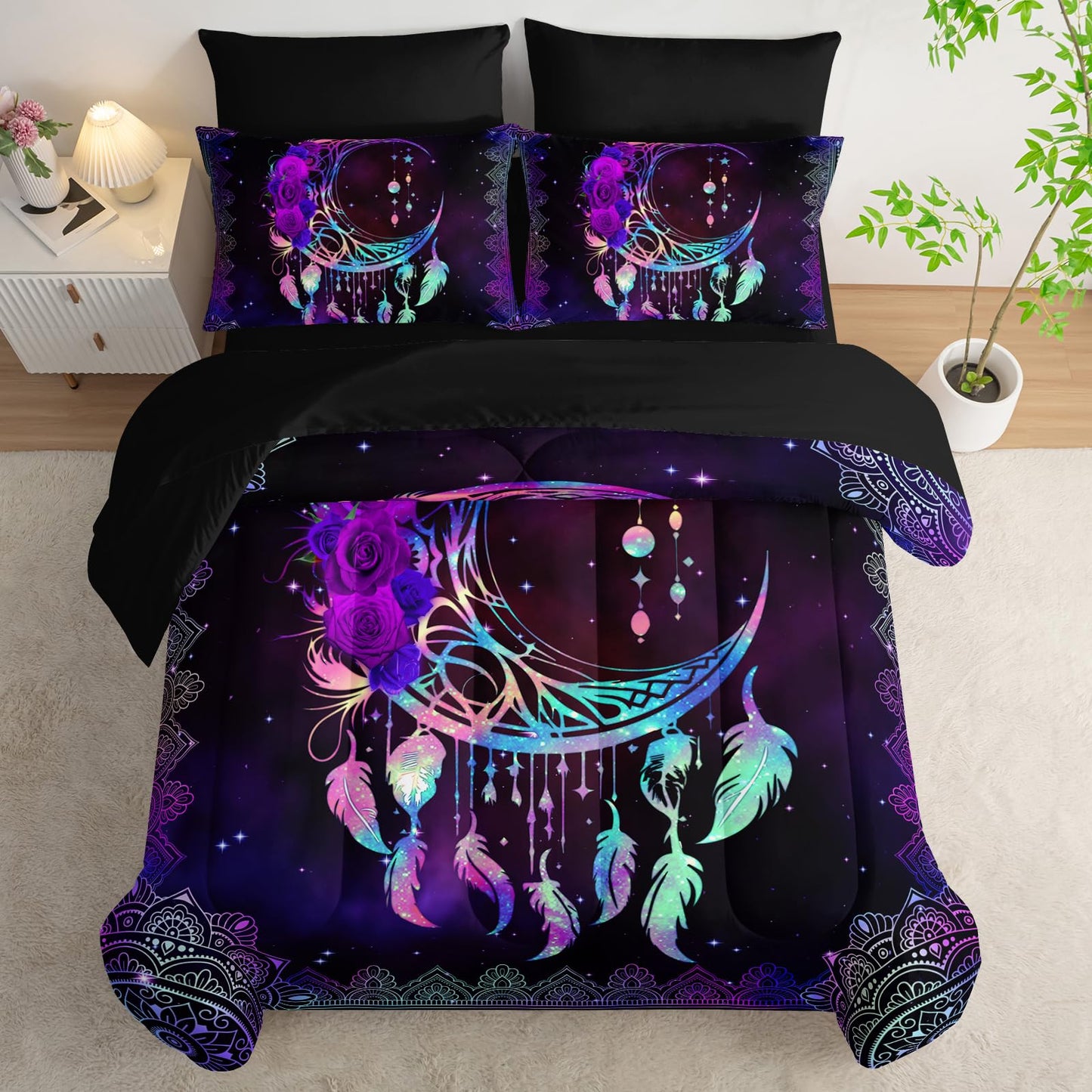 AILONEN Moon Dream Catcher Comforter Set - 7Pcs Soft Queen Size Bed in a Bag - Neon Mandala Boho Comforter,Fitted Sheet,Flat Sheet,2 Pillowcases,2 Pillow Shams for Room Decor