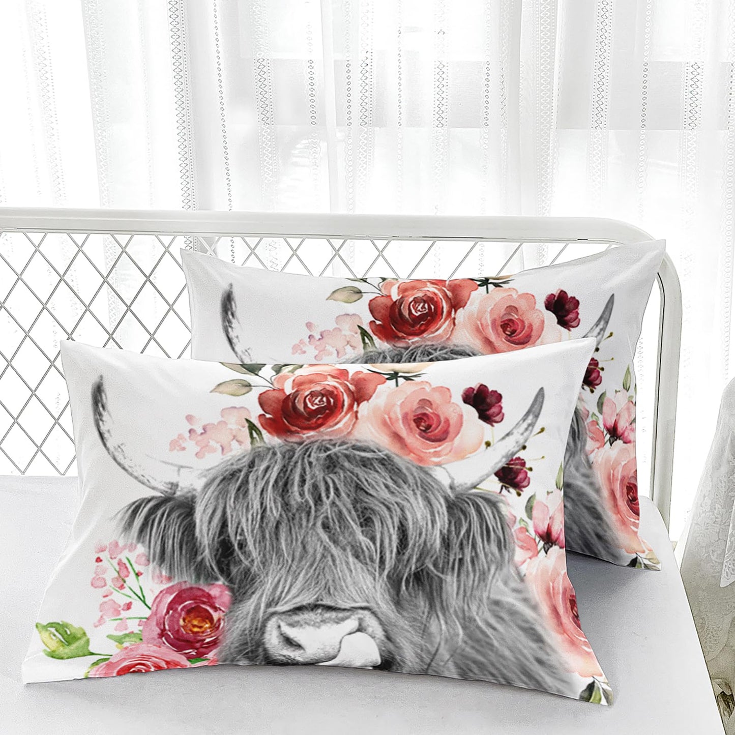 Nttopship Highland Cow Comforter Set - Twin Size, Kids' Wildlife Farmhouse Flower Comforter with 2 Pillowcases