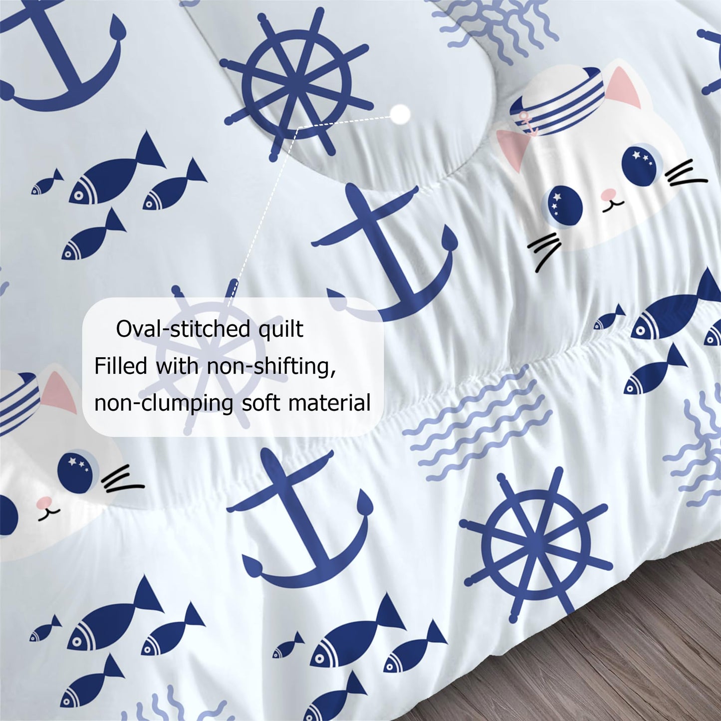 EDGZKO Nautical Cat Comforter Set Full Size Navy Anchor Sailor Cats Bedding Sets Cartoon Blue Marine Theme Bed Set for Teen Girls Boys Kids, 1 Comforter & 2 Pillowcases
