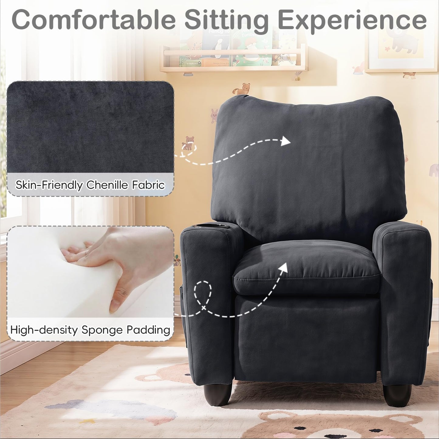 Costzon Kids Recliner Chair with Cup Holder, Toddler Adjustable Lounge Chair w/Footrest for Boys Girls Room, Ergonomic Baby Child Furniture Sofa for Age 3+ Gifts, Kids Mini Recliner up to 150 lbs