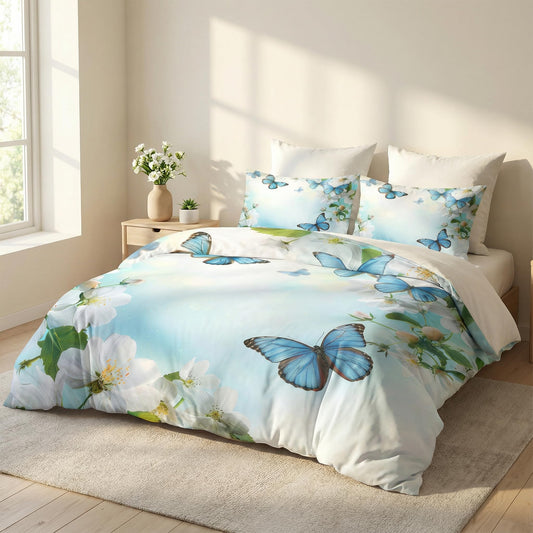 CCoutueChen Kids Twin Size Butterfly Floral Comforter Set, 2 Pcs Blue Botanical Flowers Soft Bedding for Girls, Warm Microfiber Country Bed Set with 1 Pillowcase, 68"x86"