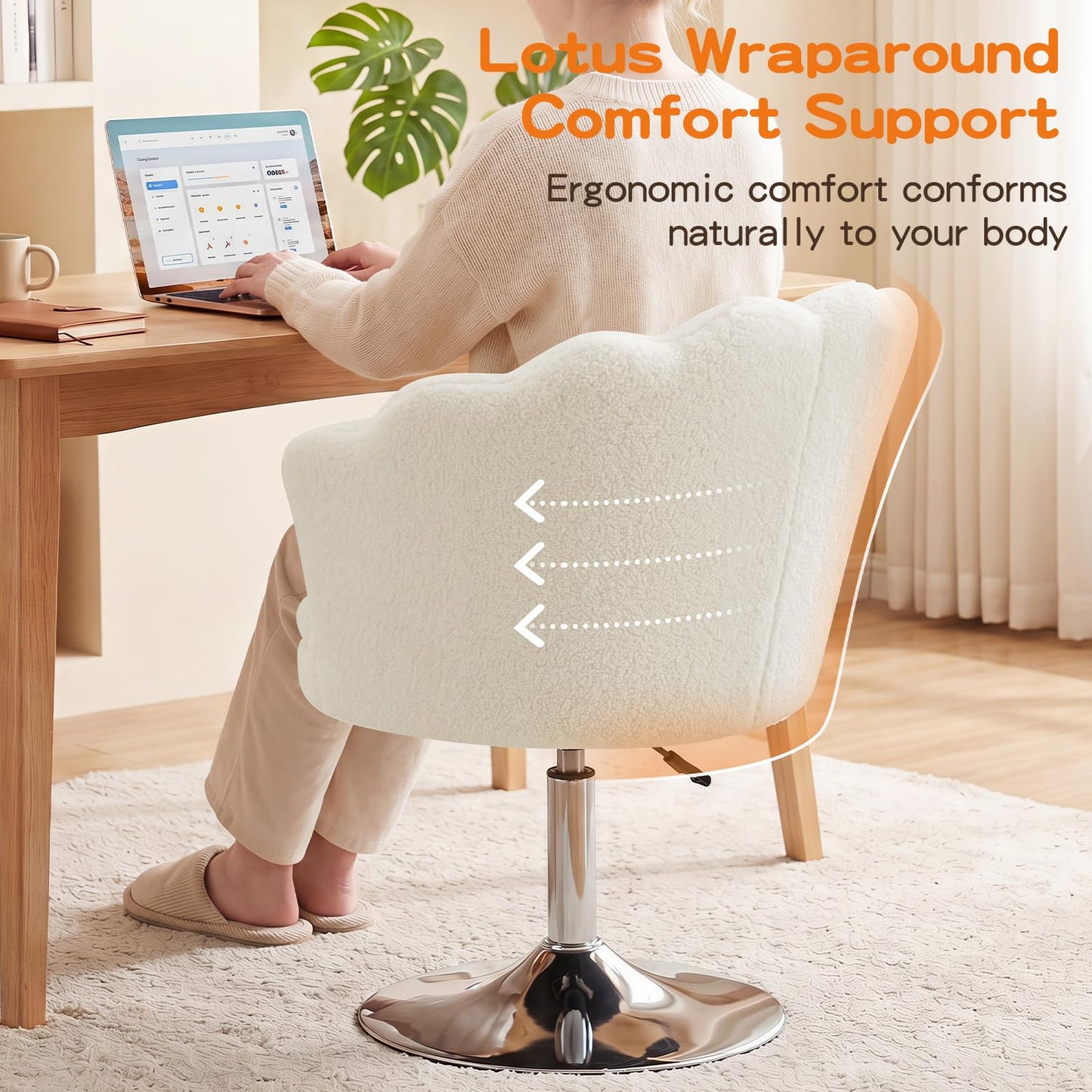 Furniliving Teddy Vanity Chair No Wheels, Modern Swivel Makeup Chair with Ergonomic Lotus-Shaped Backrest, Height Adjustable, Comfy Desk Chair for Dressing Room, Home Office, Bedroom, White