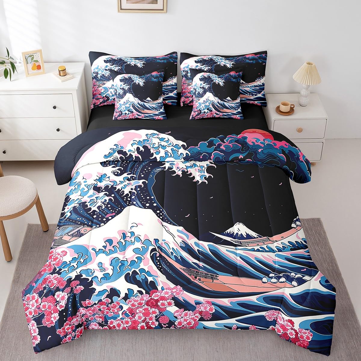 Erosebridal Blue Ocean Waves Queen Bedding Set 7 Piece,Japanese Style Comforter Set for Kids Adults,Pink Cherry Blossom Bed in a Bag Ukiyoe Aesthetic Bed Set with Fitted+Flat Sheet,Pillowcases