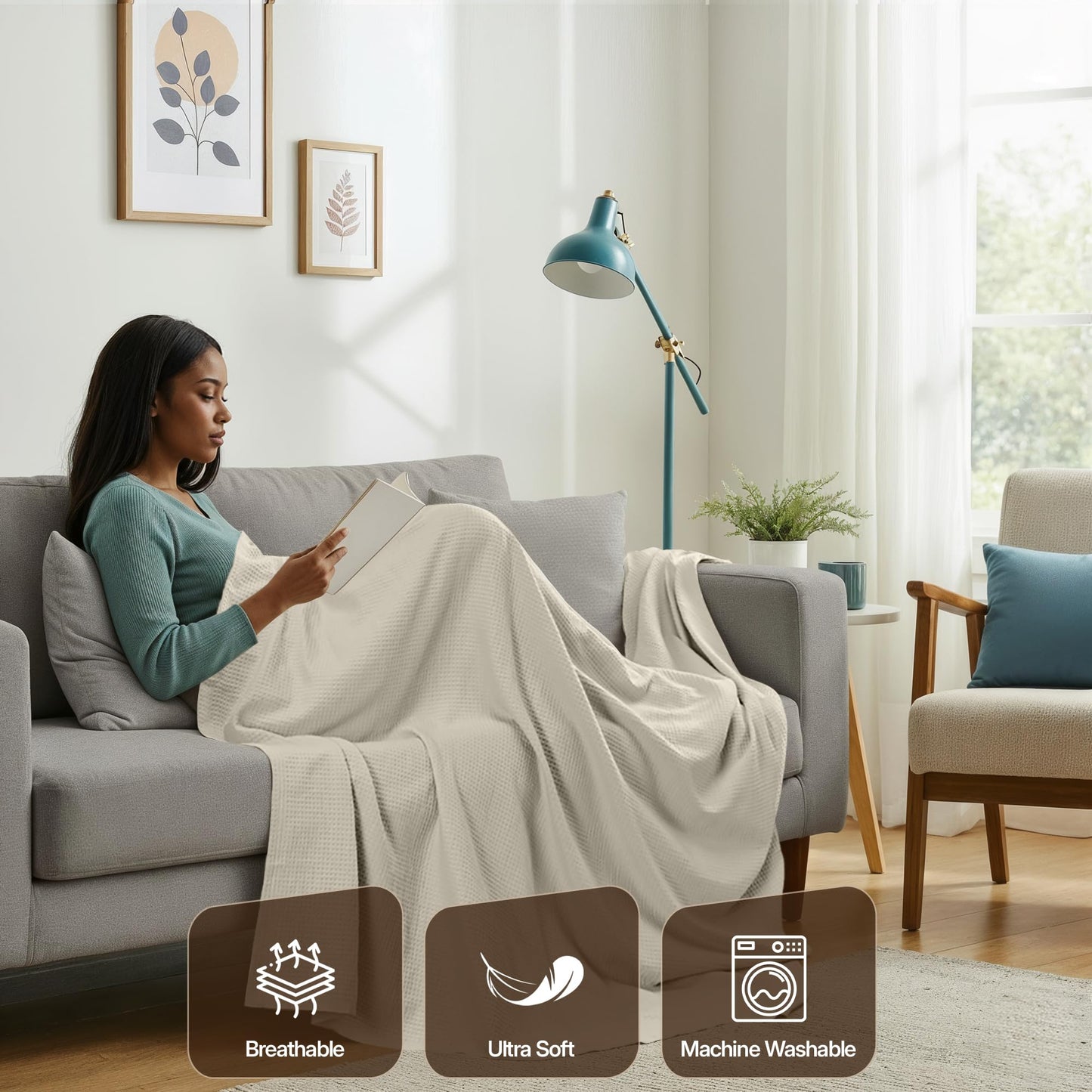 Utopia Bedding Khaki Waffle Blanket Queen Size Soft Lightweight Breathable Cotton Blend Bed Blanket for All Seasons Luxury Throws for Bed Couch and Sofa