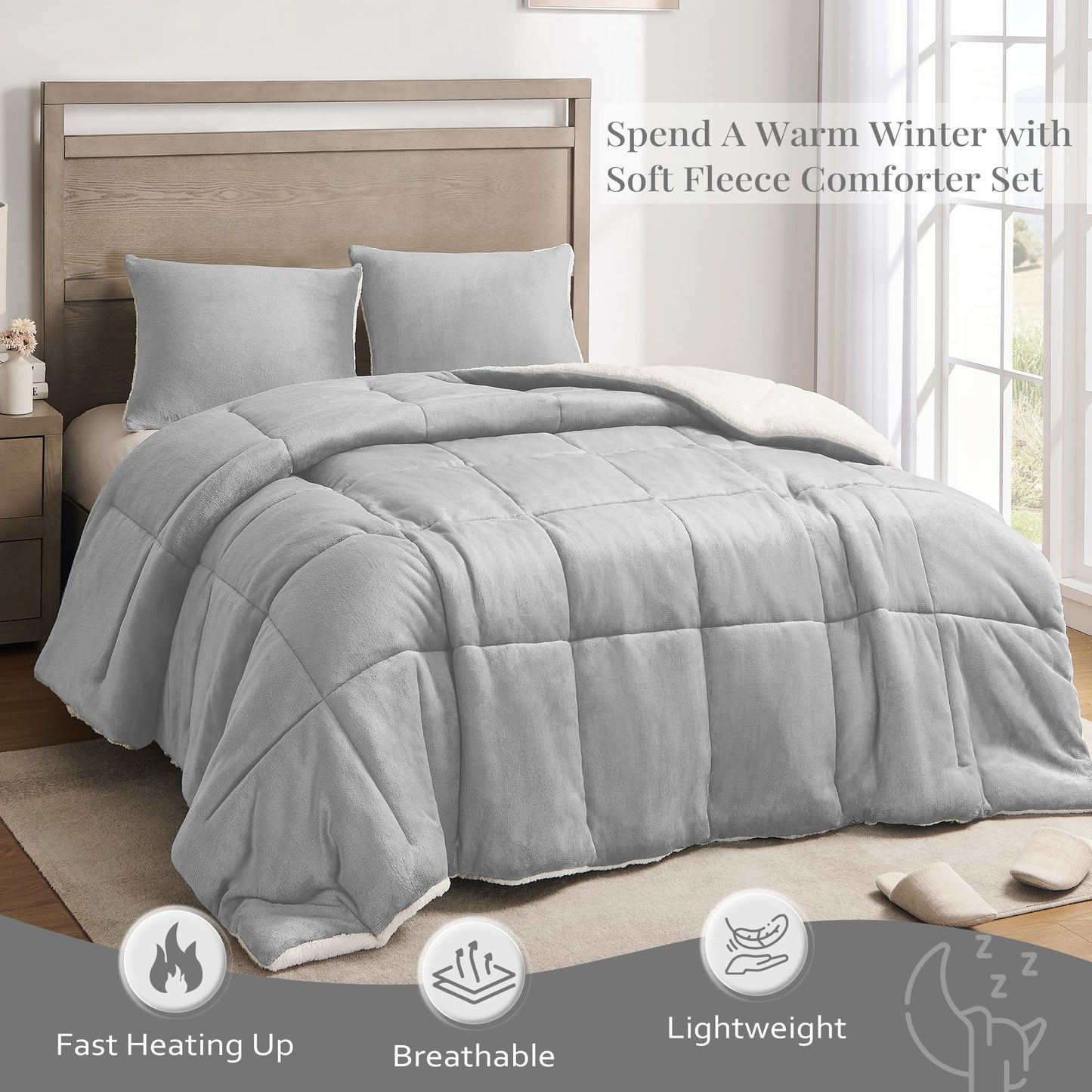 Basic Beyond King Size Comforter Set - Thick Fleece Sherpa Comforter Set for Winter, Soft and Fuzzy Bedding, Grey, 104"x88"