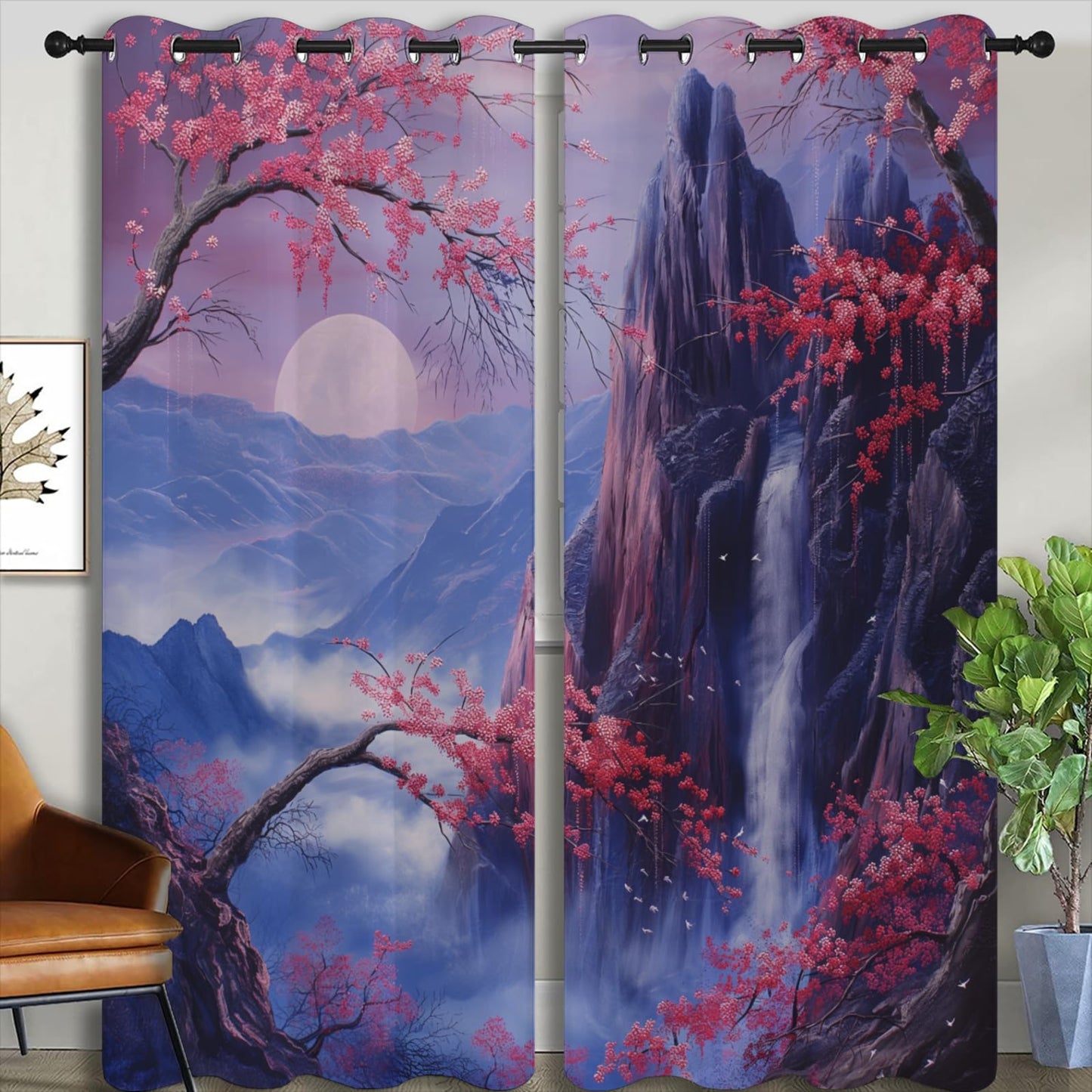 Asian Blackout Curtains for Boys Girl Bedroom Home Decor,Japanese Anime Style Mountain Falls Red Plum Landscape Painting Thermal Insulated Grommet Darkening Living Room Window Drapes, 72 x 63 inch