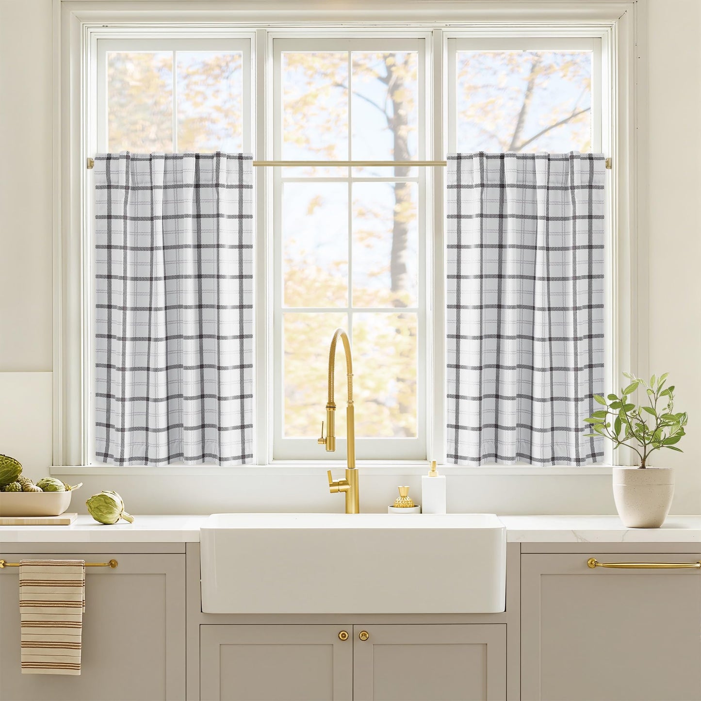 NICETOWN White Buffalo Windowpane Plaid Cafe 100% Blackout Curtains 36 Inch Length, Farmhouse Rustic Checkered Half Window Tier Curtain for Kitchen Bathroom, 26" W x 36" L, 2 Panels