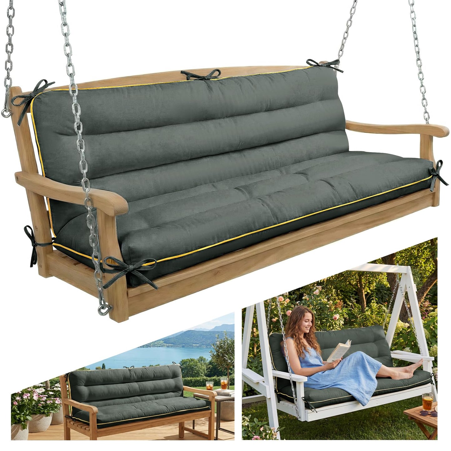 AS AWESLING 60×40 INCH Outdoor Swing Cushion with Backrest, Tie Straps & Memory Foam - Replacement for Porch Bench 2/3 Seater, Oxford Fabric (Gray, 60 INCH × 40 INCH)