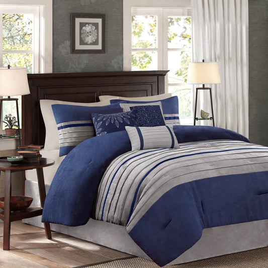 Madison Park Palmer Comforter Set-Luxury Faux Suede Design, Striped Accent, All Season Down Alternative Bedding, Matching Shams, Decorative Pillow, Bed Skirt, Queen (90 in x 90 in), Blue 7 Piece