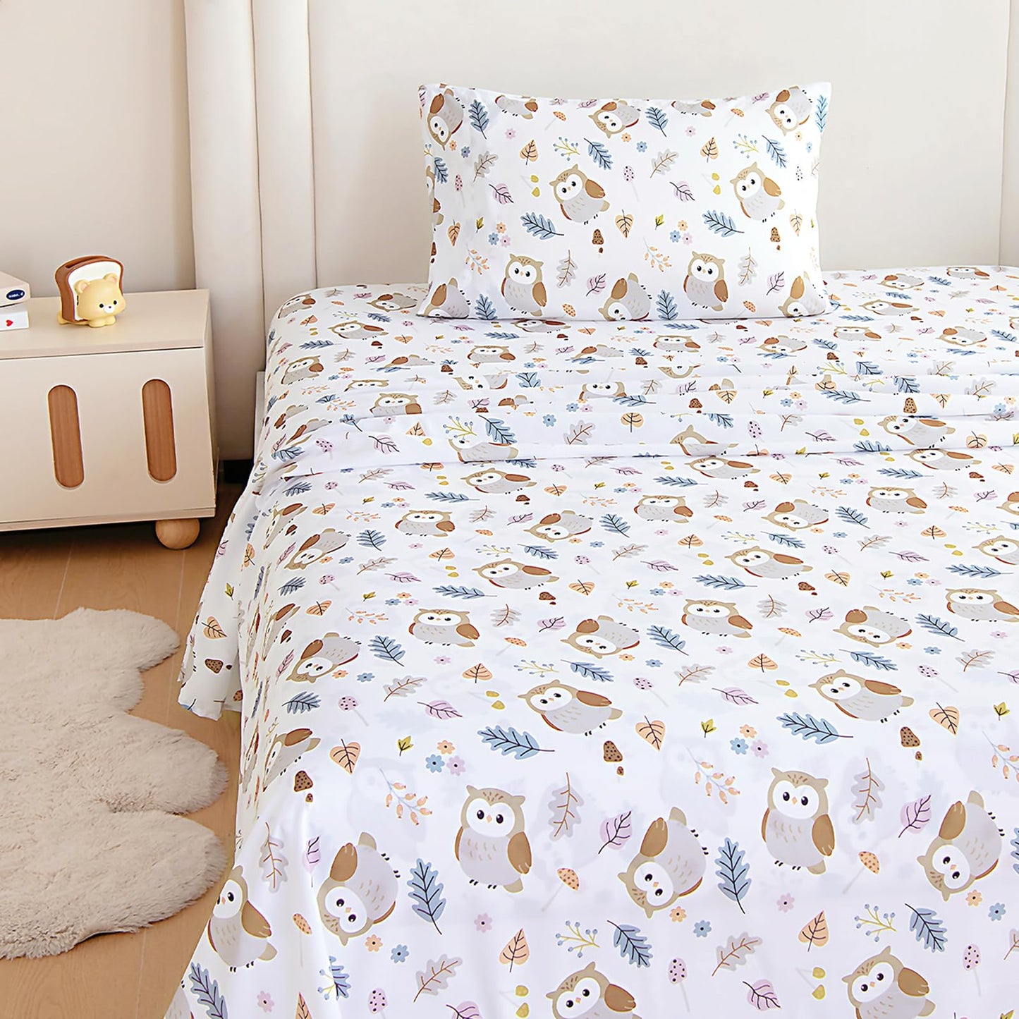 MICORAL Kids Twin Sheet Set, 3 Pieces Sheets for Boys & Girls, Soft Printed Microfiber Bed Sheets, Deep Pocket Cozy Toddler Bedding Set, Owl (White)