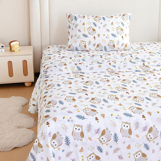 MICORAL Kids Twin Sheet Set, 3 Pieces Sheets for Boys & Girls, Soft Printed Microfiber Bed Sheets, Deep Pocket Cozy Toddler Bedding Set, Owl (White)