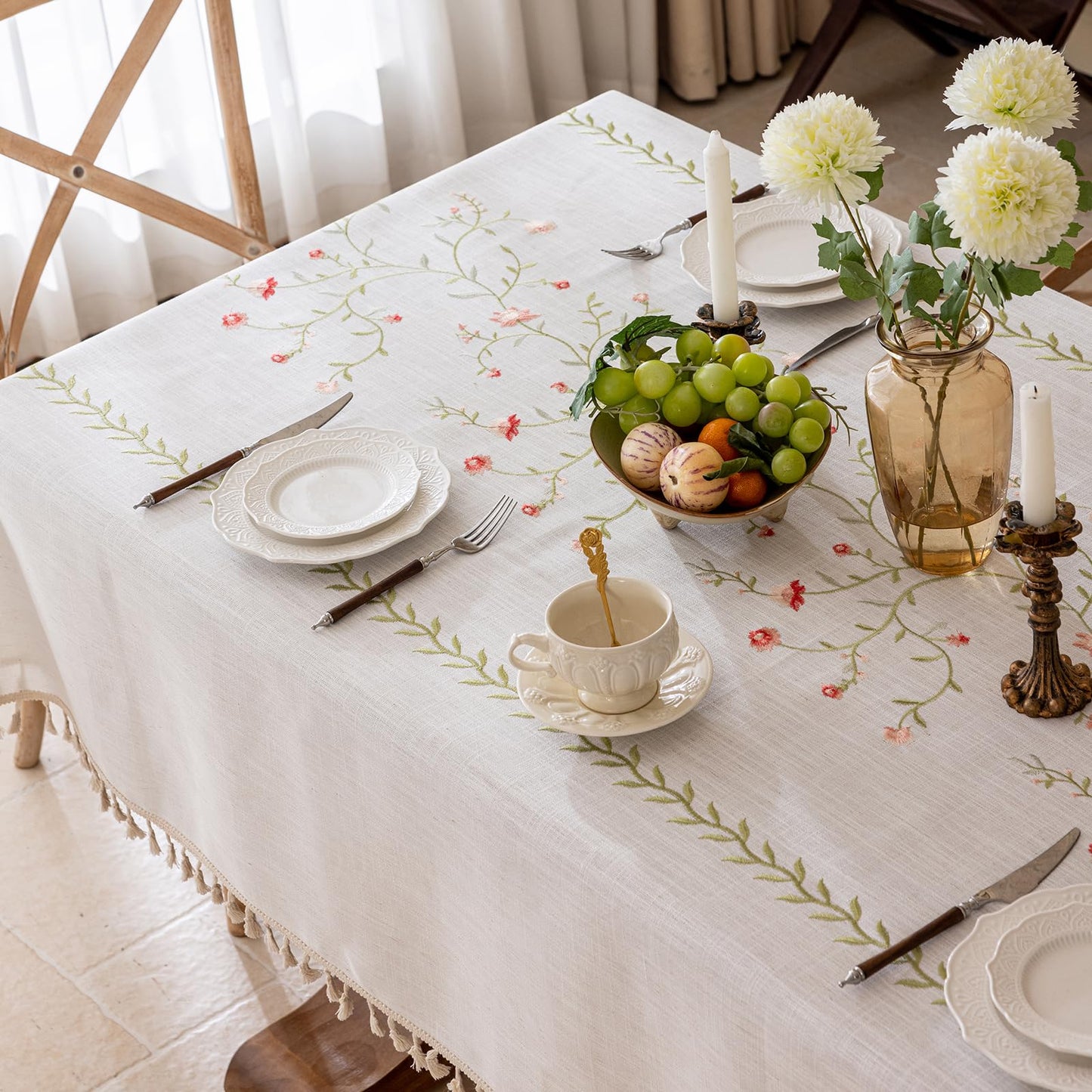 Joyfol Day Linen Spring Flowers Tablecloth with Tassels, Rustic Farmhouse Embroidery Waterproof Table Cloths for Rectangle Tables, Heavy Weight Spill-Proof Table Covers, Pink Florals, 55''x 70''