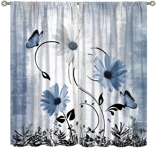 AAVEUP Blue White Daisy Curtains for Kitchen Farmhouse Modern Flower Retro Floral Spring Butterfly Rural Country Style Window Treatments Print for Girls Bedroom Living Room 42x45in（No Blackout）