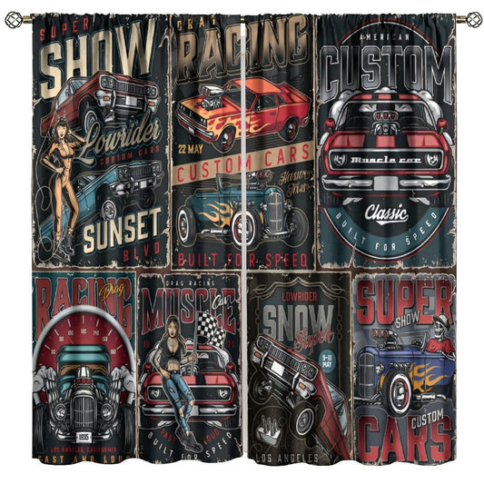 Yoakiet 1950s Vintage Car Curtains, Old Retro Car Classic Motorcycle Pattern Print Rod Pocket Window Treatments Drapes for Men Teens Bedroom Playroom Home Decor 42" W X 45" L