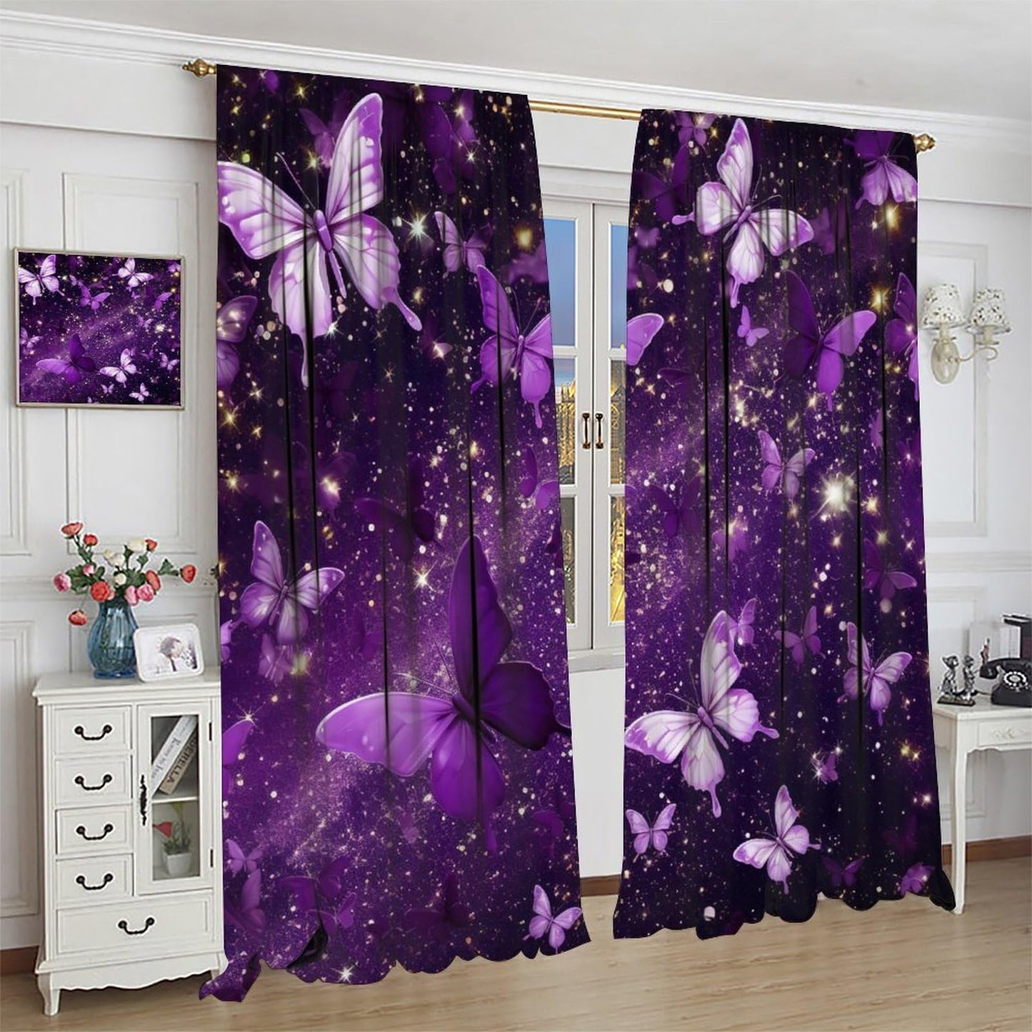 PHTAYOT Butterfly Curtains, Purple Dream Fantasy Starlight Butterfly Pattern for Kids Girls Room Decor, Print Blackout Drapes for Living Room Bedroom Kitchen 2 Panel Set 21" W X 63" L