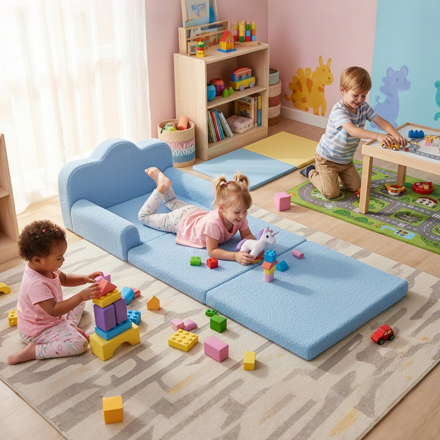 Tiita Kids Sofa, 2-in-1 Soft Toddler Couch Fold Out, Cloud-Like Comfy Couch Toddler Reading Chair with Carrying Handle Washable Cover, Kids Furniture for Boys and Girls