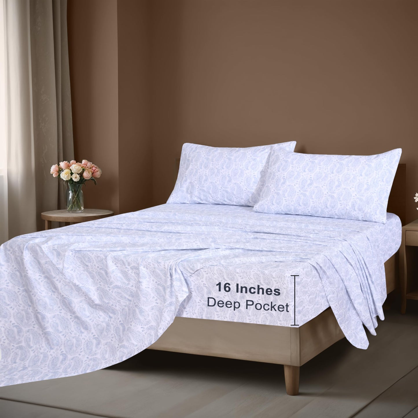 ZOYER 100% Cotton Percale Sheets Queen – Cooling Breathable Bed Sheets for Hot Sleepers, Crisp Hotel Style Bedding, Deep Pocket 16”, Lightweight Soft Durable 4 Pcs Sheet Set, Paisley Imprint