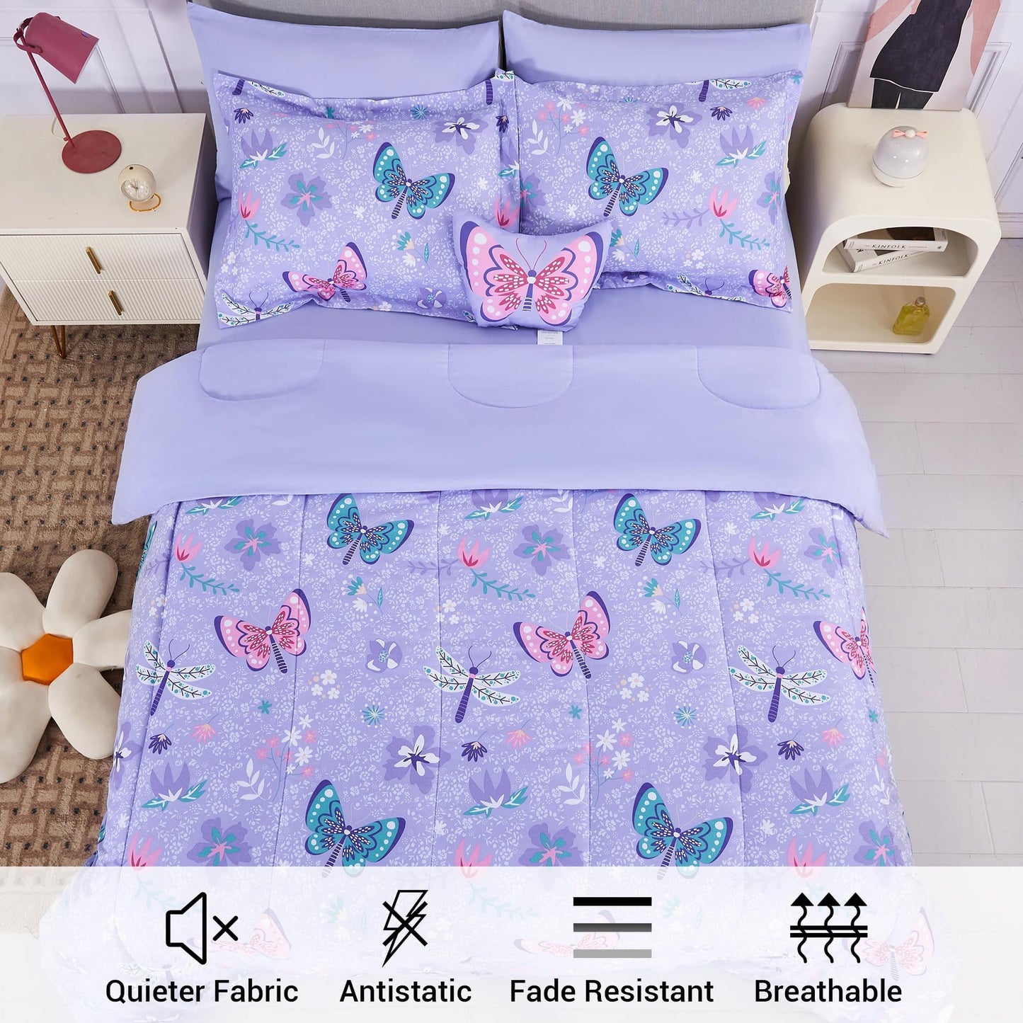 Mooreeke Kids Twin Comforter Sets for Girls 6 Pieces Butterfly Purple Bedding Set for Teens Soft Microfiber Kids Bed in A Bag with Comforter, Sheet Set, Shams and Decorative Toy Pillow All Season