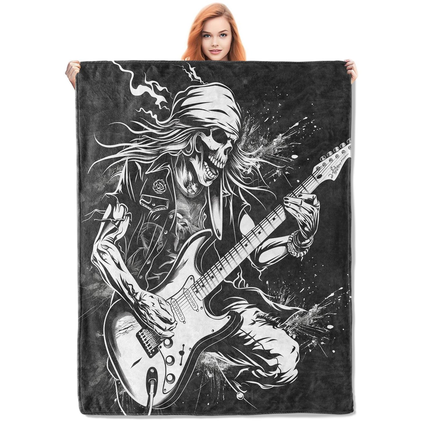 VANZEV Rock Guitar Skeleton Throw Blanket Gifts, Soft Cozy Fleece Blanket with Edgy Skull and Guitarist Print, Blanket for Couch Bed Sofa, Perfect for Music Lovers and Rock Fans, 50x60 in