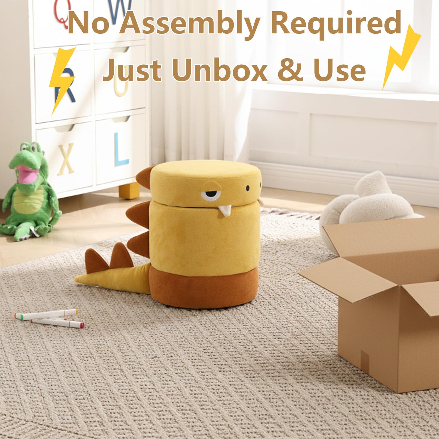 DAYARUS Dinosaur Toddler Chair Comfy Chenille Kids Reading Chairs, Toddler Dinosaur Ottoman, No Assembly Children Stool, Cute Kids Storage Ottoman, Wood Kid Desk Chairs for Playroom/Nursery, Yellow
