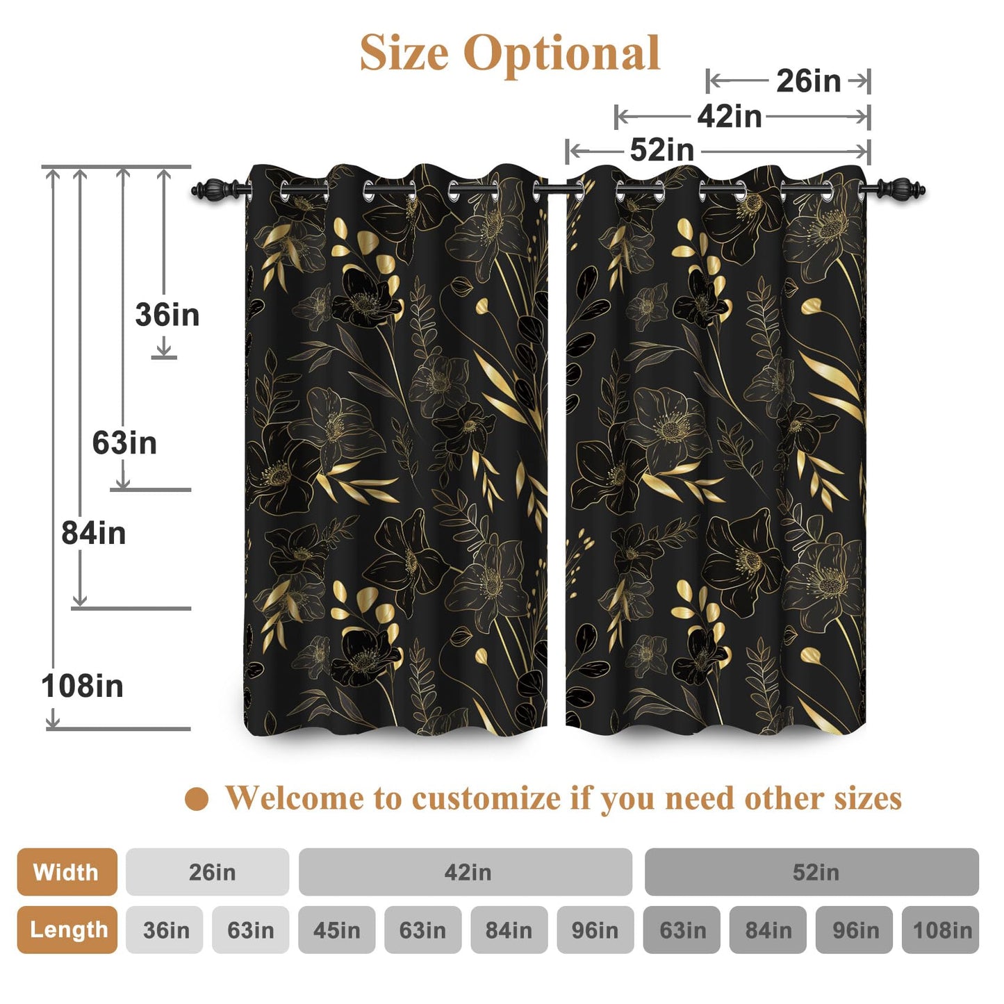 Renaiss 42 x 84 Inch Black Gold Floral Blackout Curtains for Bedroom Printed Gold Stroke Flower Curtains French Country Grommet Window Treatment Curtain Farmhouse Drapes Black Liner 2 Panels