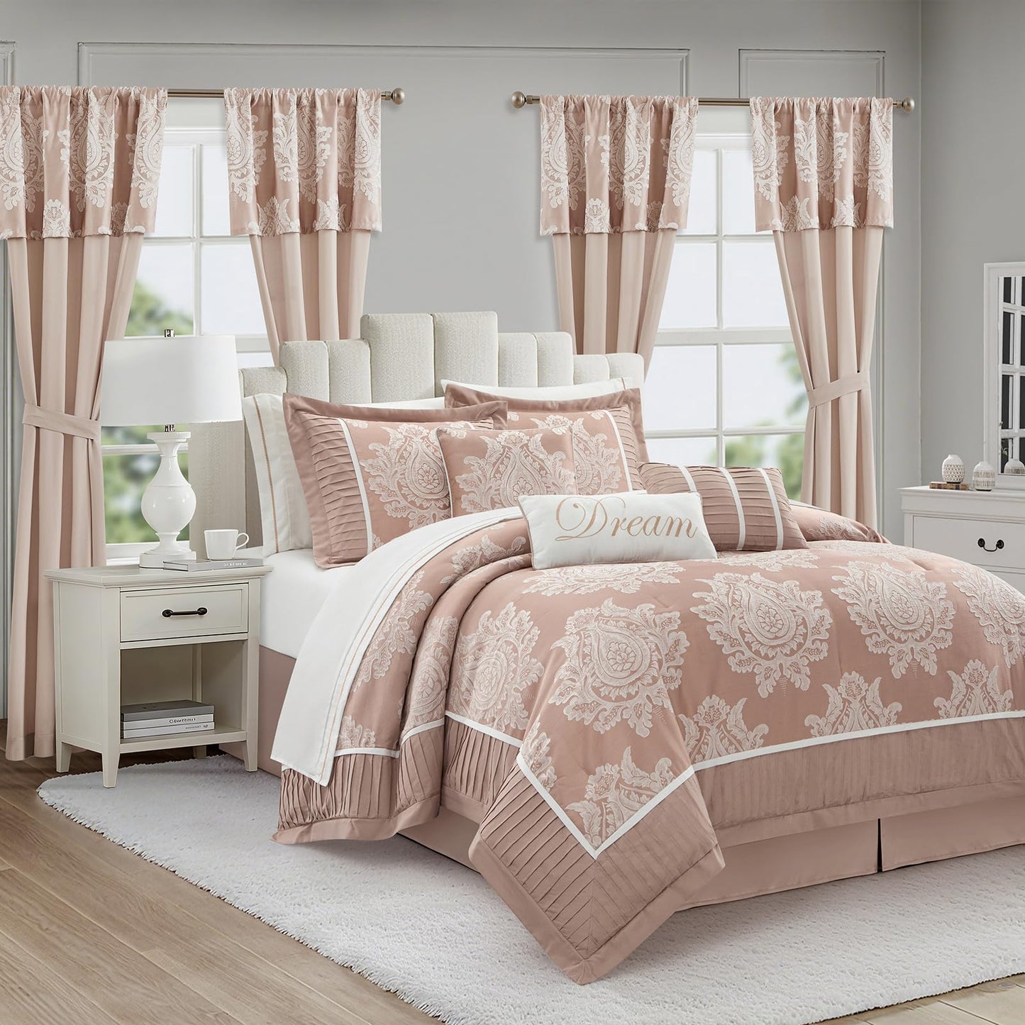 LANCO MODERN LIFESTYLE Blush King Size Comforter Set, 15 Pieces, Damask Jacquard Woven, Bedding Set with Sheets, Room in a Bag, Comforter, Bed Skirt, Pillow Shams and Decor Pillows, Curtains