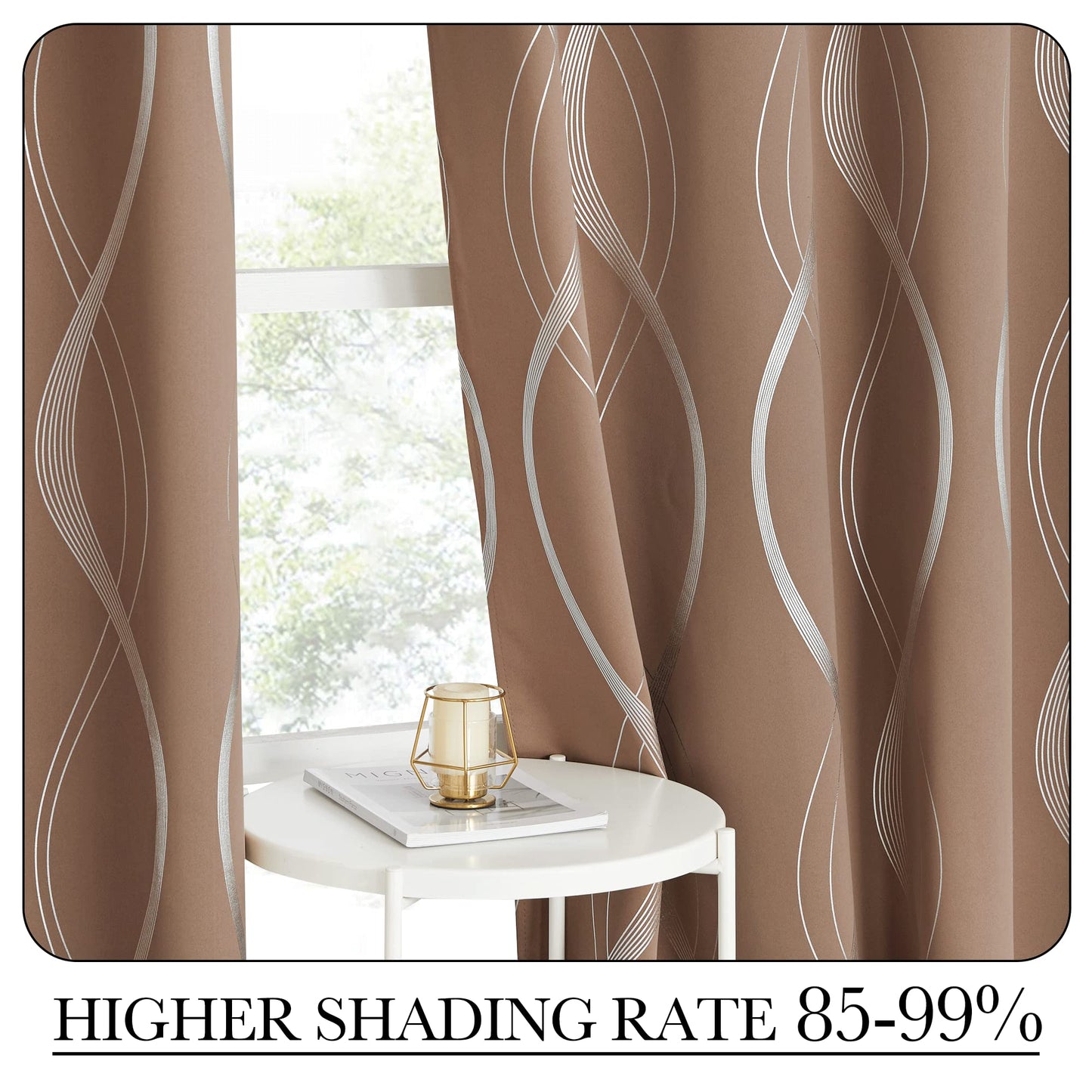 NICETOWN Blackout Curtains Panels for Living Room, Sound Reducing Thermal Insulated Wave Line Foil Print Design Blackout Curtains for Patio Sliding Glass Door (2 Panels, 52 x 84 Inch, Cappuccino)