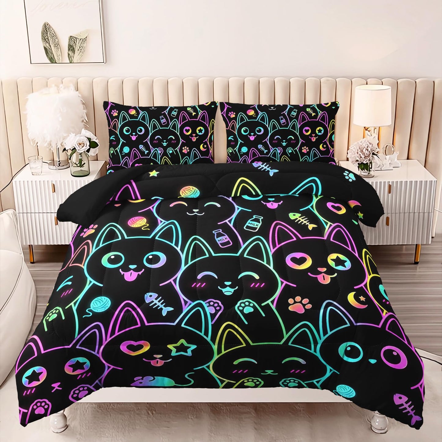 AILONEN Bright Outline Kitty Queen Comforter Set, Multicolor Animal Faces with Hearts and Paws, 3 Piece 1 Comforter + 2 Pillowcases, Trendy Theme