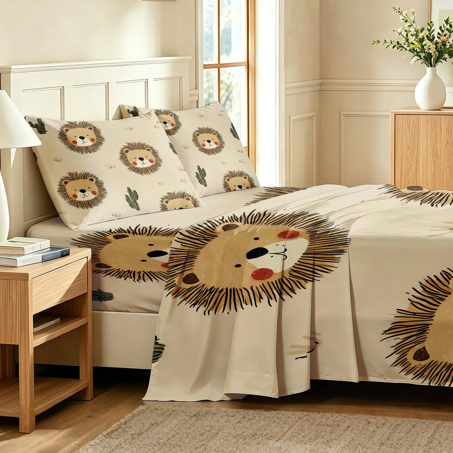 Cute Lion Sheet Set, 3 Pcs Twin Size Kids Wildlife Bed Sheets