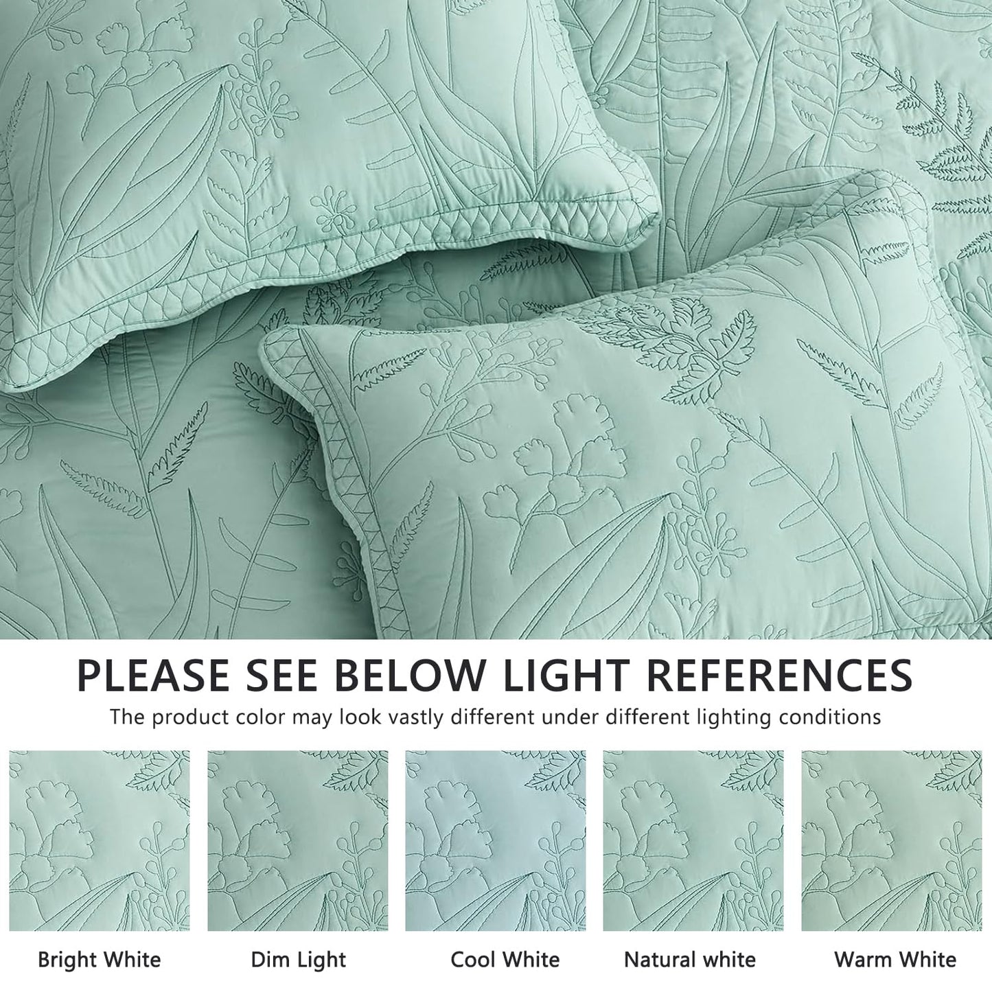 DaisyHuang Botanical Oversized Bedspread Queen Size - Leaves Pattern Stitching Quilt Set - Elegant & Fresh Style Bedding Coverlets, Reversible, Lightweight, 5 Piece, Seaglass