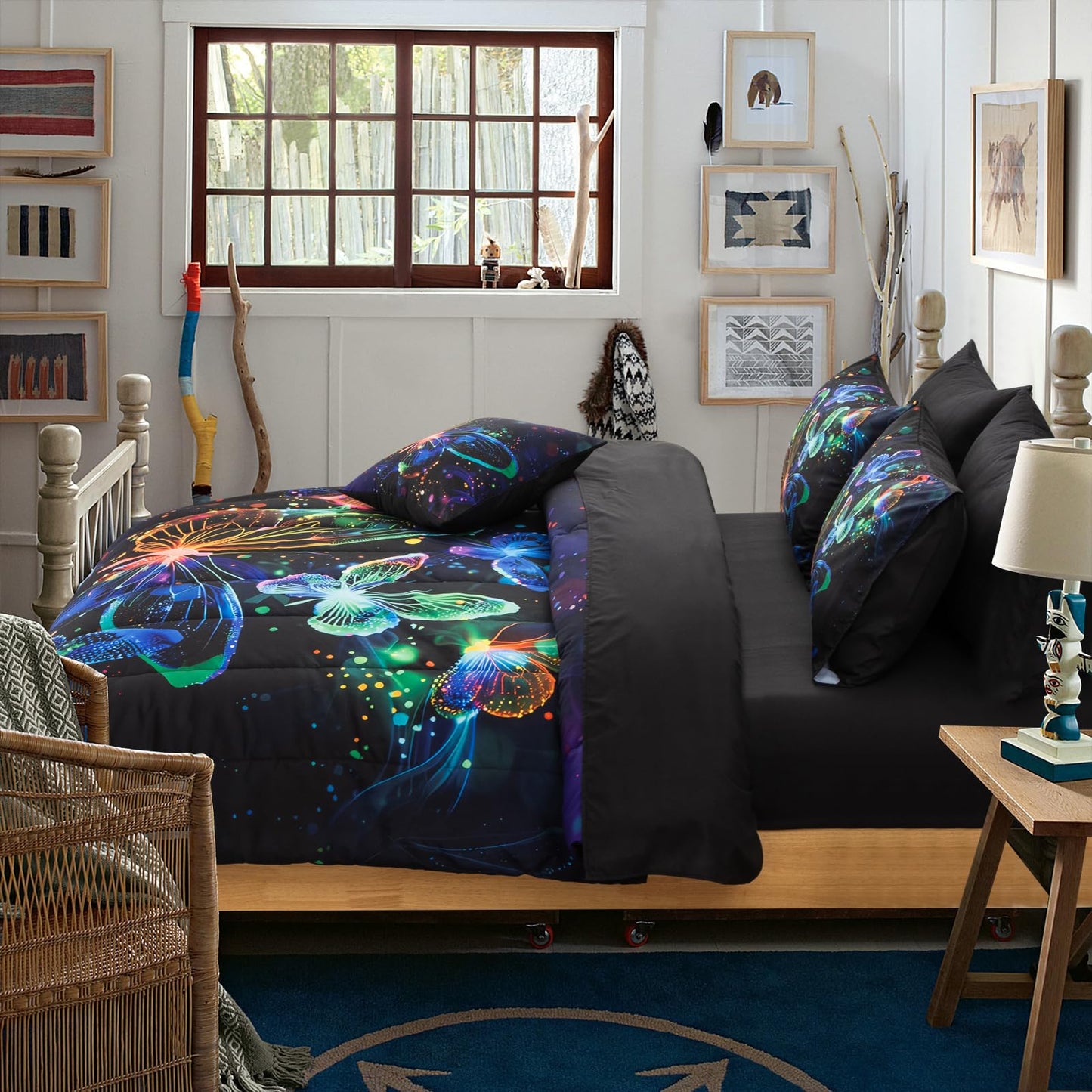 A Nice Night Galaxy Bedding Sets,3D Butterfly Flying in Space Printed,Like Glitter Butterflies 6pcs Bed in a Bag Twin Comforter Set, for Girls Boys Kids Teens