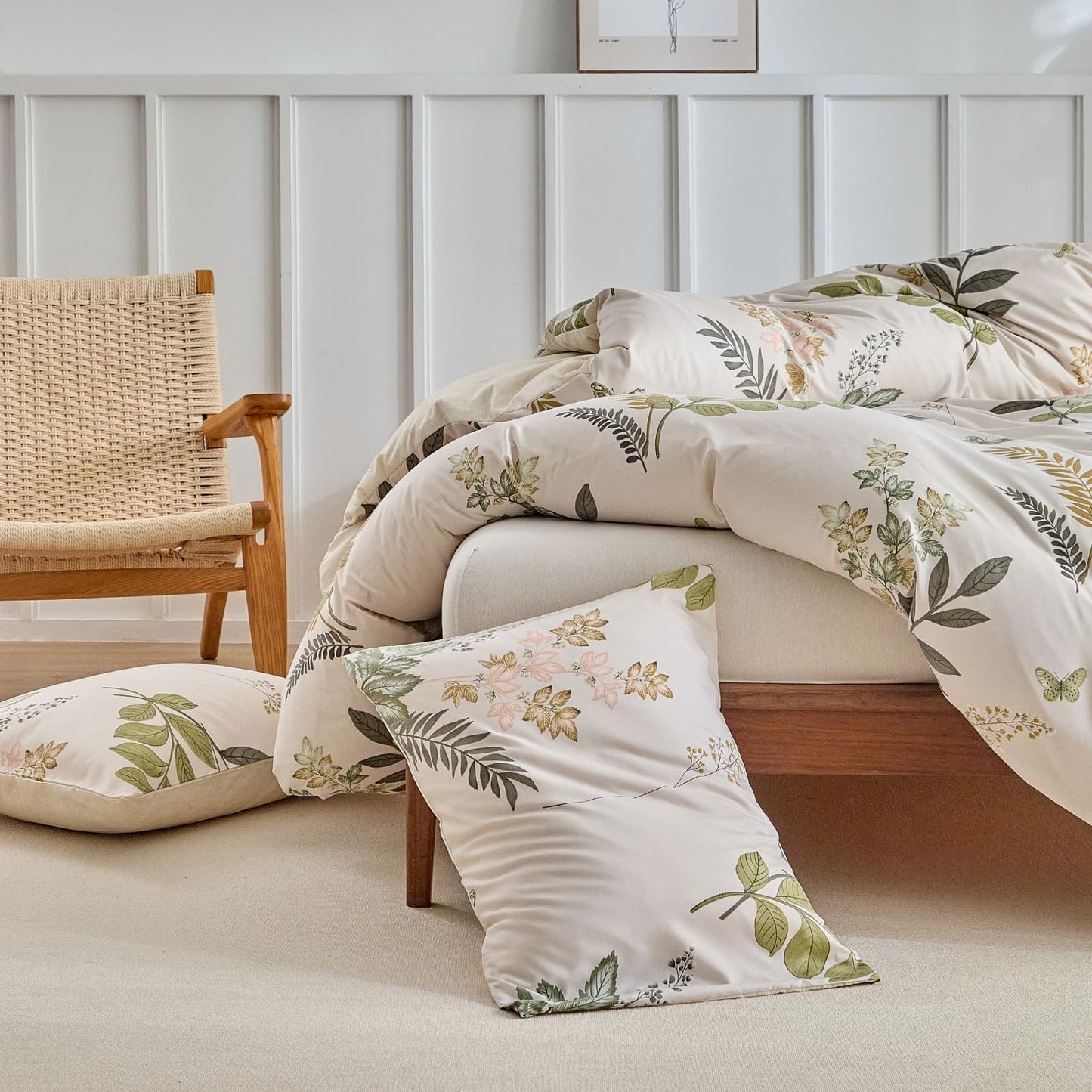Lekesky King Size Reversible Duvet Cover, Duvet Cover King Size 3 Piece Green Leaf Microfiber Botanical Bedding Set with Zipper Closure 8 Corner Ties