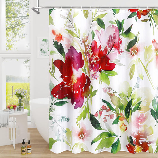 Litabel Long Green Watercolor Floral Shower Curtain, Plant Leaves with Red Flower Shower Curtains for Bathroom Decor, Modern Fabric Botanical Waterproof Bathroom Curtain 72x78 Inch