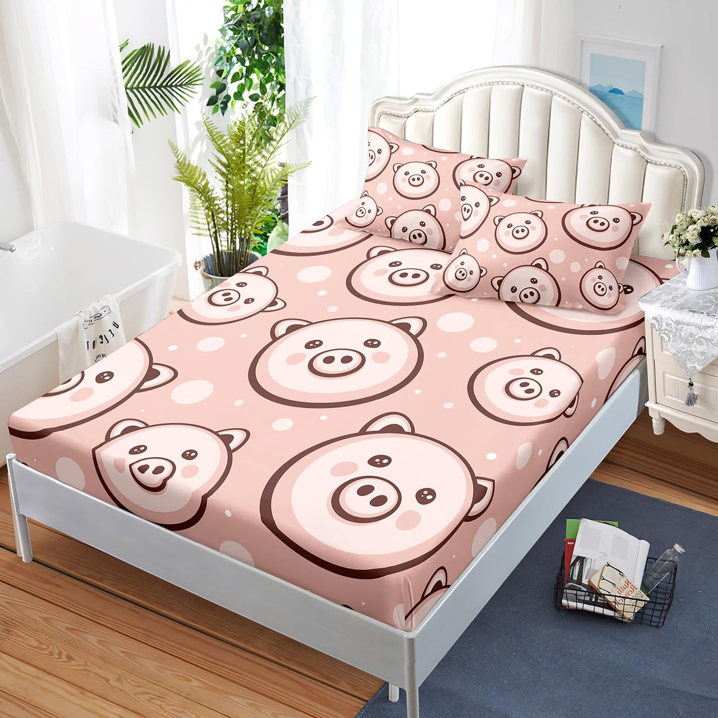 AILONEN Funny Pig Fitted Sheet Set Twin Size,3-Piece Cute Animal Bed Sheet Set for Kids,Cartoon Pig Print Pink Microfiber Fitted Sheet with 2 Pillowcases,All Season