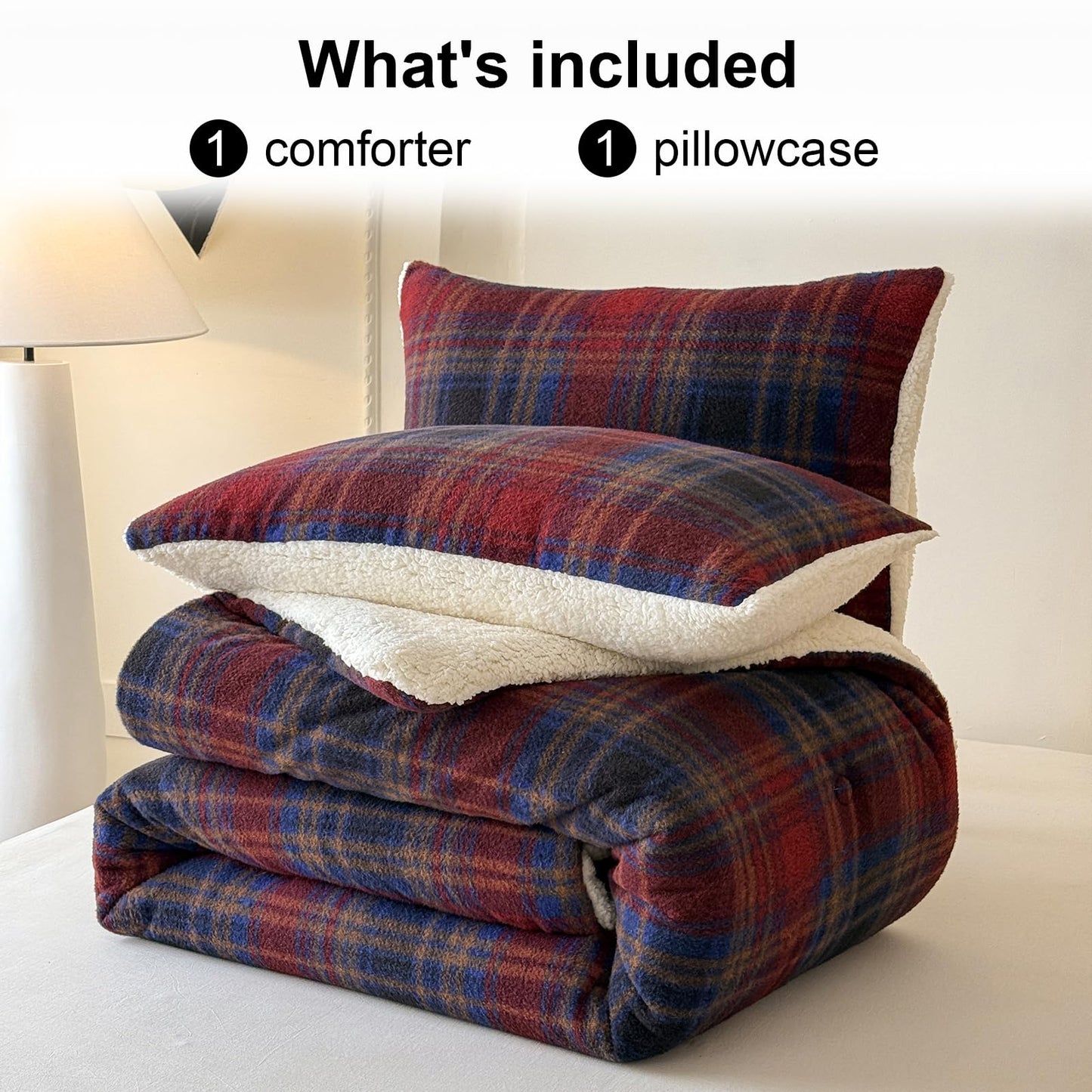 Cyusri Plaid Sherpa Comforter Set 2Pcs Fluffy Warm Fleece Down Alternative, Red Blue Grid Pattern Bedding Set with 1 Pillowcase, Twin Size 68"x90"