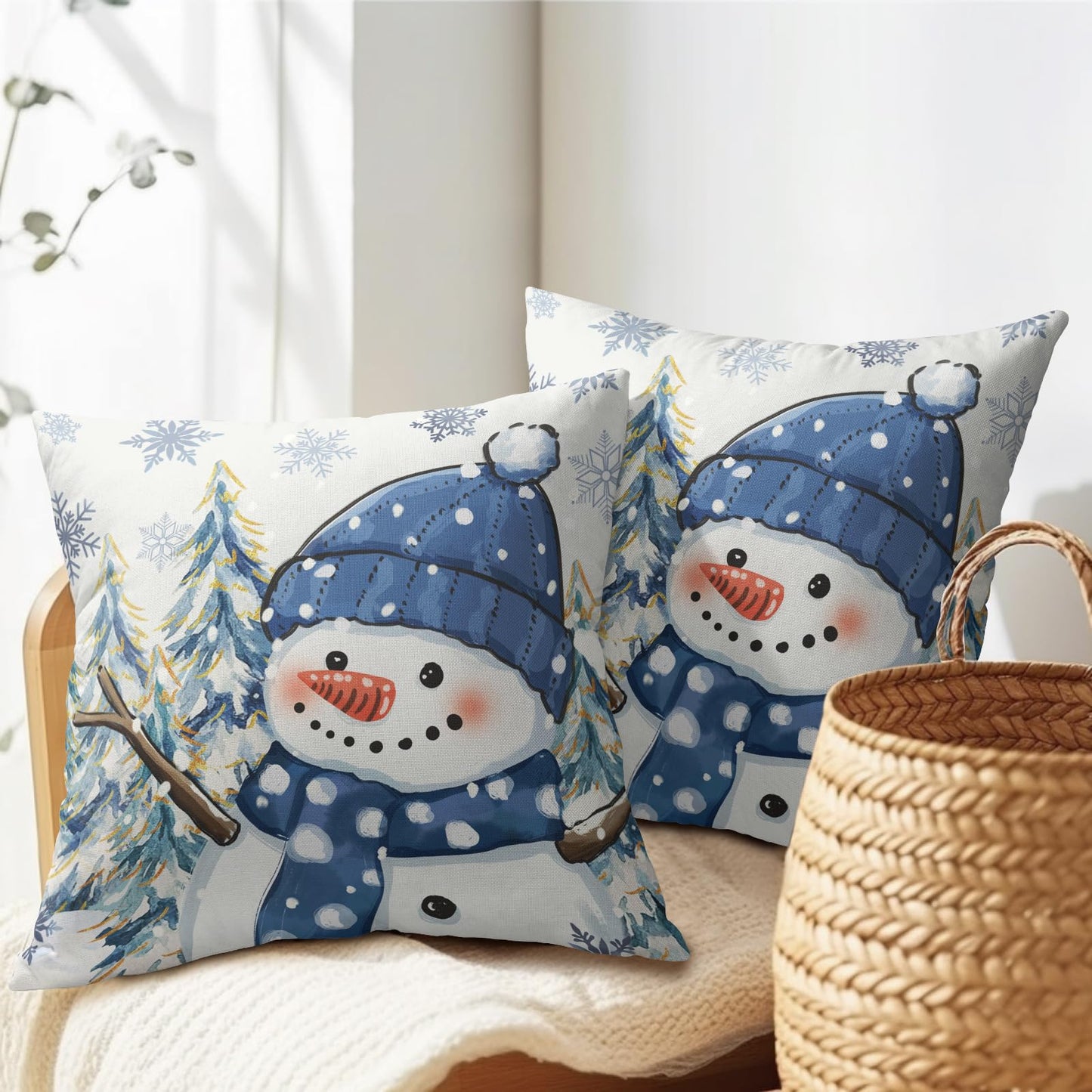 ABSOP Blue Christmas Pillow Covers 18x18 Inch Xmas Snowman Decorative Throw Pillows Set of 2 Winter Snowflake Pillow Cases for Sofa Couch Home Decor