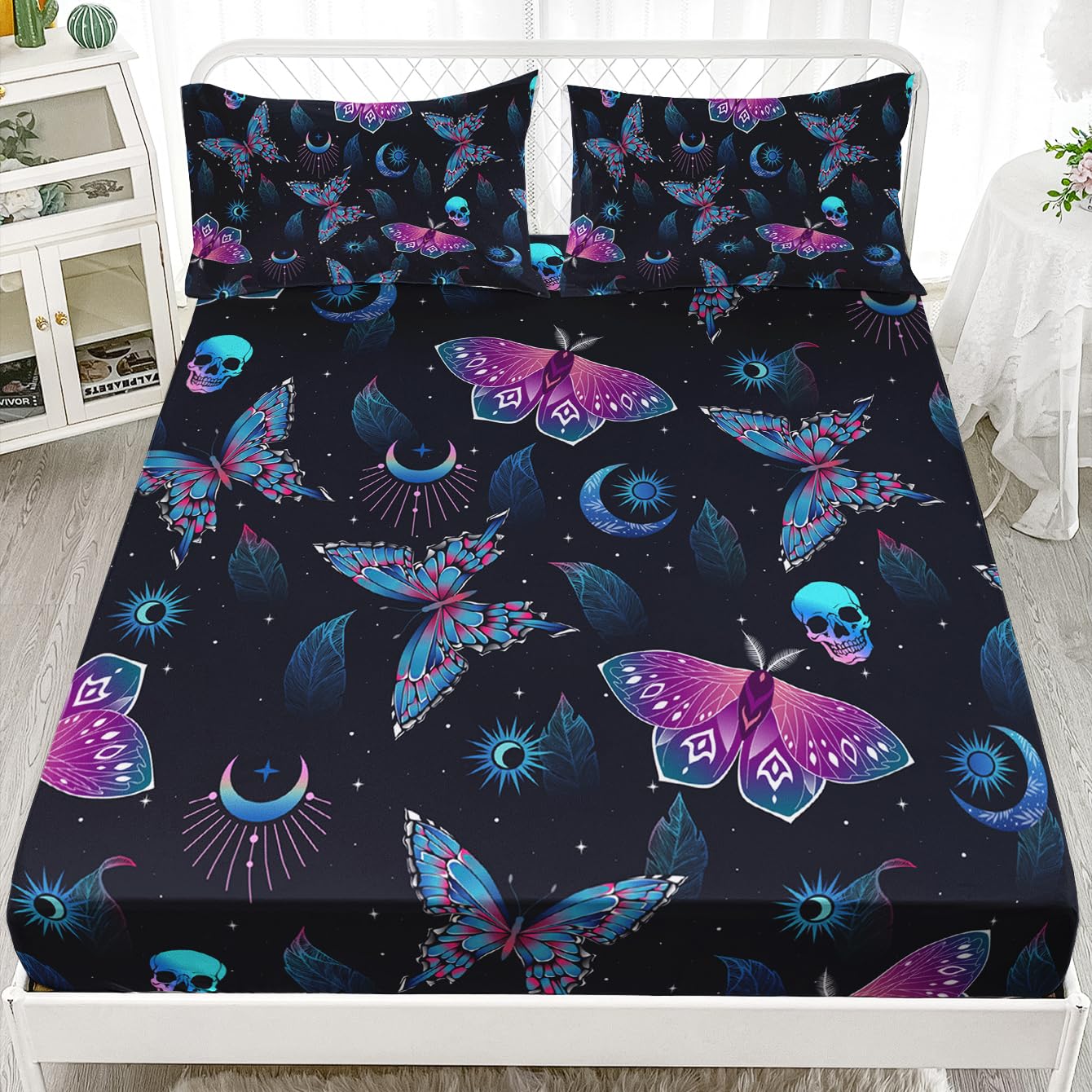 HOSIMA Halloween Fitted Sheet Skull Butterfly Bed Set,Goth Bedding Set Black Sheets Deep Pocket All-Round Elastic Bed in A Bag Full Size for Adults Boys Girls Halloween Room Decor.