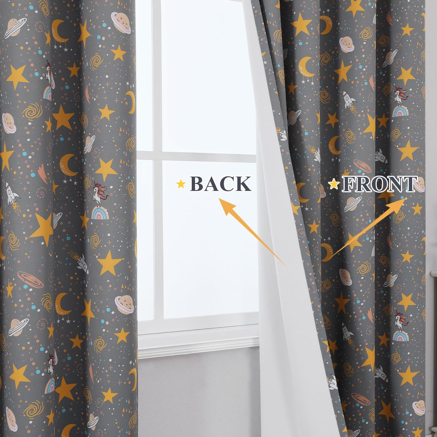 Estelar Textiler Planets Unicorn Printed Grey Blackout Curtains for Nursery Bedroom, Thermal Insulated Room Darkening Star Moon Pattern Grommet Window Drapes for Toddler Room,Gray, W38 x L63, 2 Panels