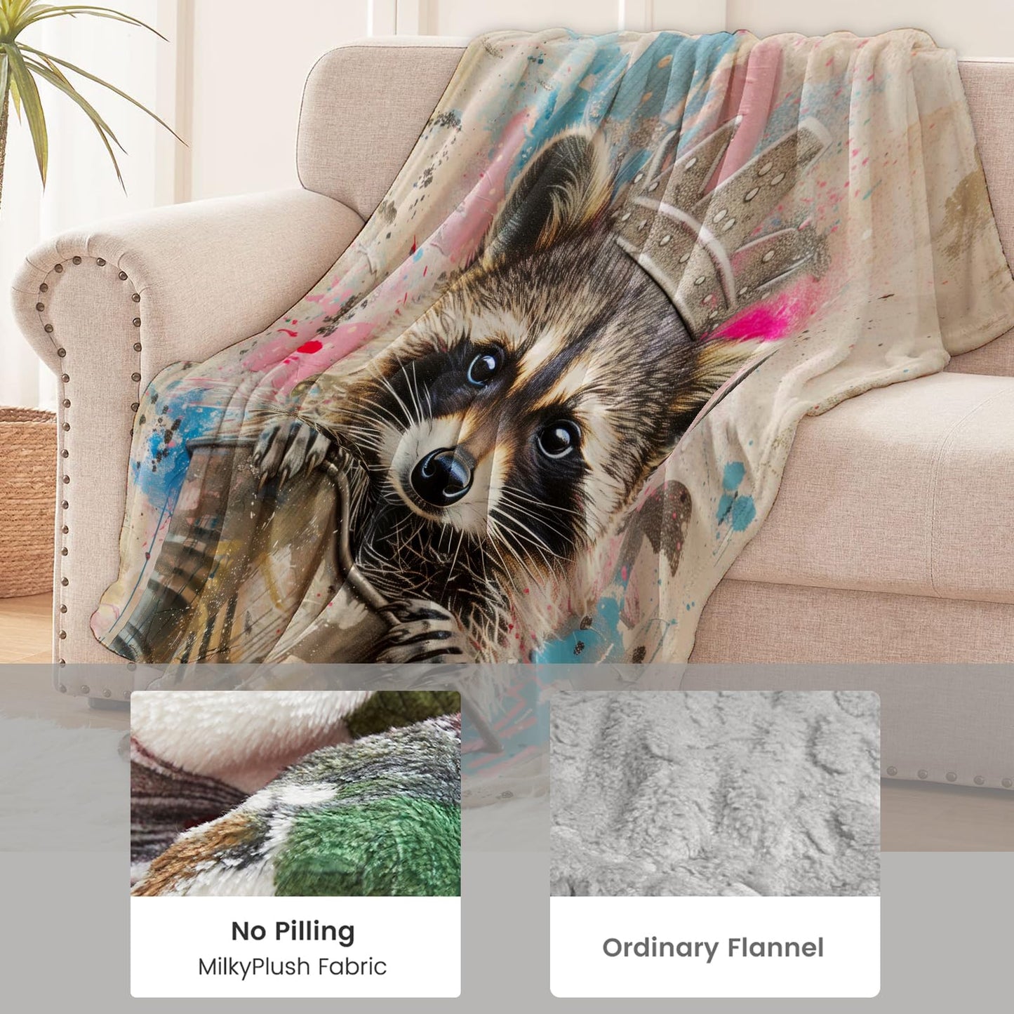 cromcu Raccoon Blanket for Kids and Adults, Adorable Graffiti Wildlife Soft Lightweight Throw for Sofa, Bed, Traveling, Camping Animal Decor Gifts, Single-Sided Printing, 50x60 Inches