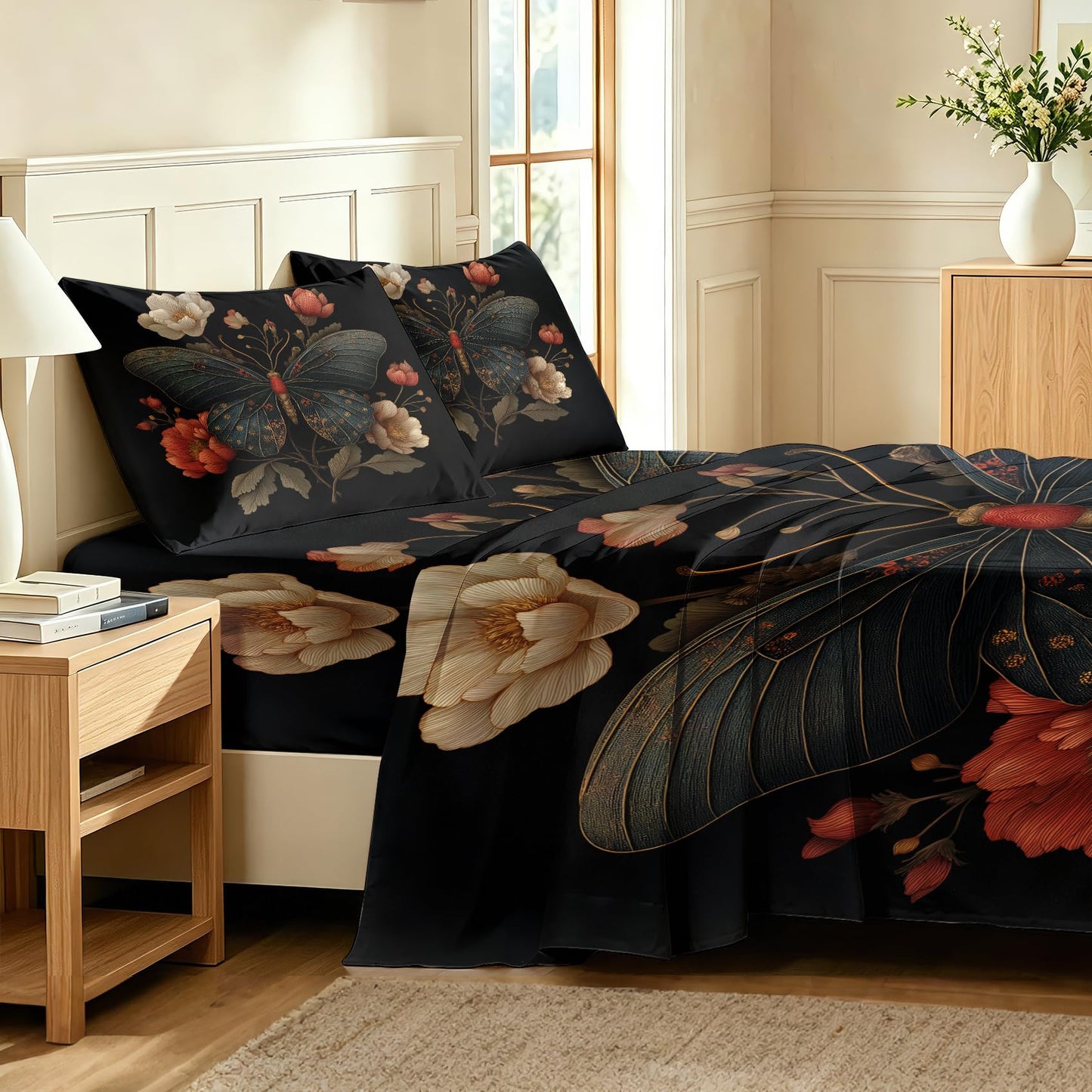 Butterfly Sheet Set, 4 Pcs King Size Moth Aesthetic Bed Sheets