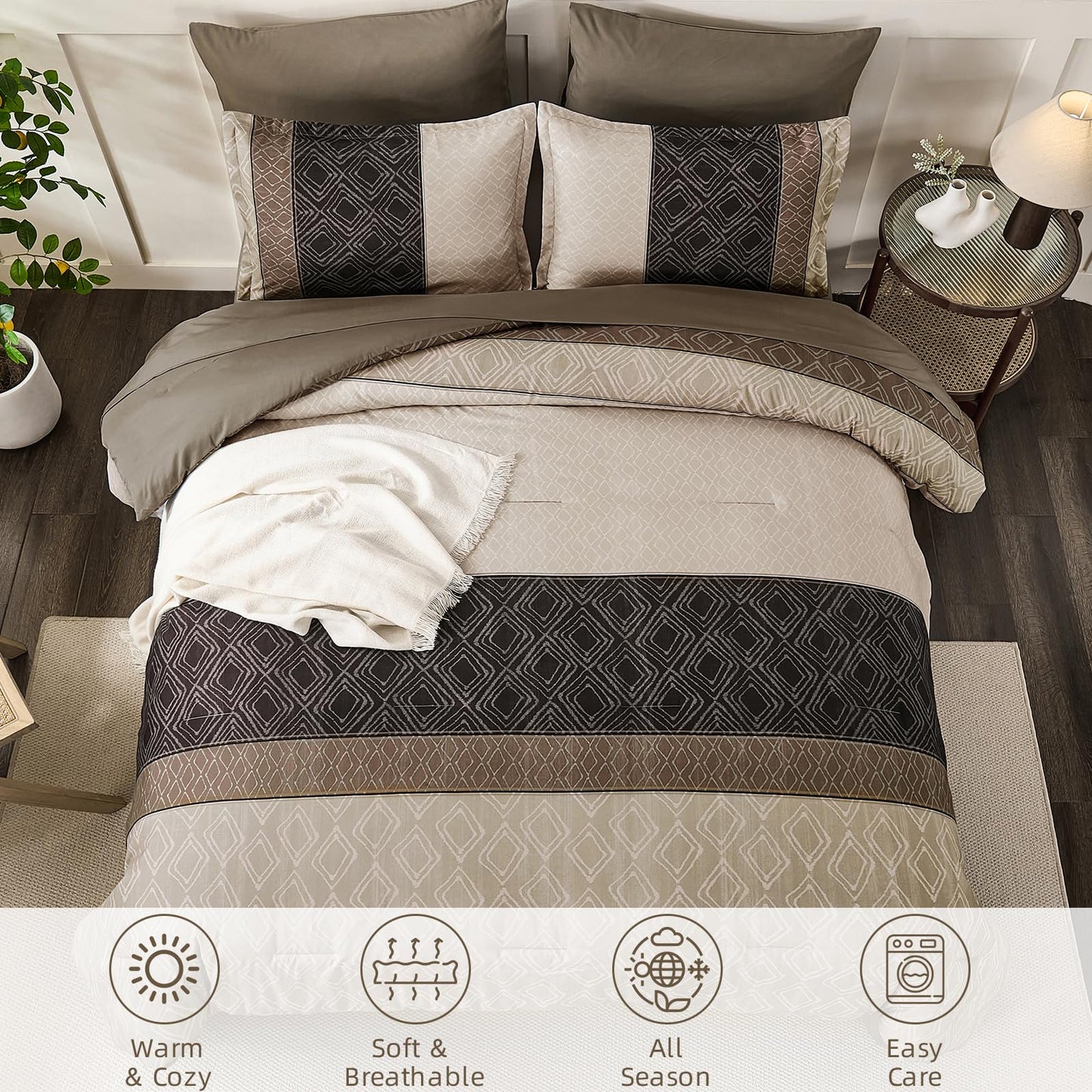 Dinjoy Boho Queen Comforter Set Light Brown,7 Piece Bed in a Bag Queen Size Lightweight Striped Bedding Sets with Plaid Comforters Bed Set with Sheets for Family All Season