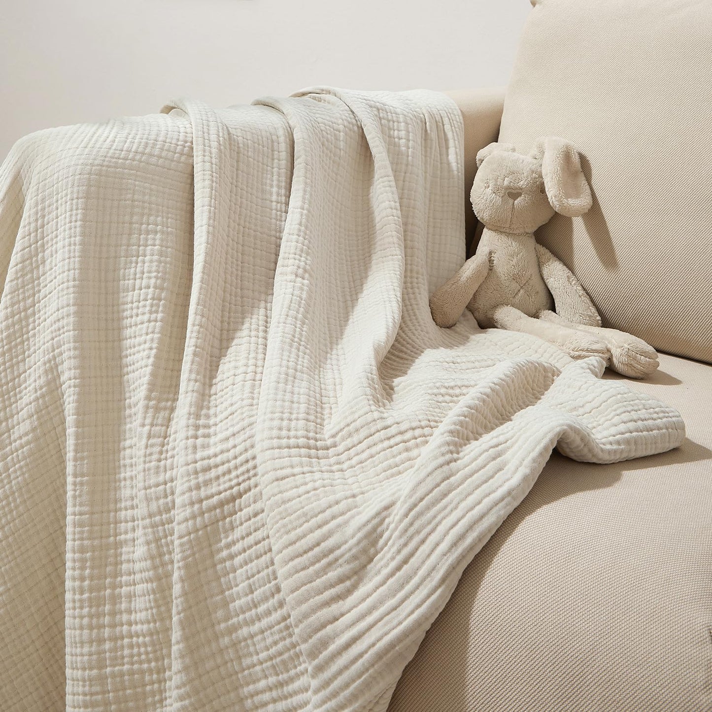 PHF 100% Cotton Muslin Throw Blanket 50" x 60", 4-Layer Lightweight and Breathable Blanket, Luxuriously Soft Gauze Throws for Couch Bed Sofa, Ideal Gift Choice, Oat Milk