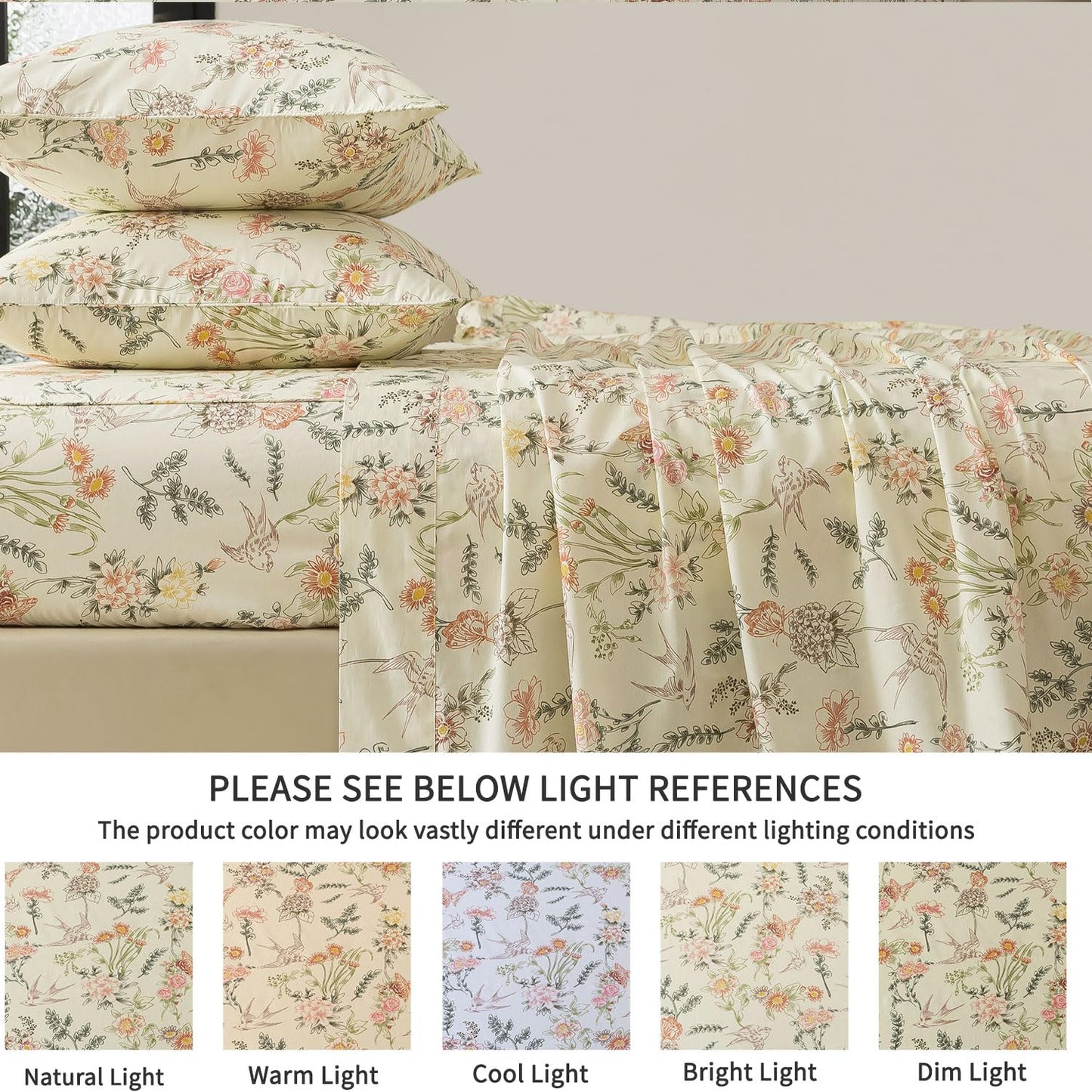 FADFAY Queen Size Sheets Set – 4 Pieces 100% Cotton Deep Pocket Fitted Sheet, Crisp, Breathable & Soft, Country Style Floral & Butterfly Pattern for All Seasons